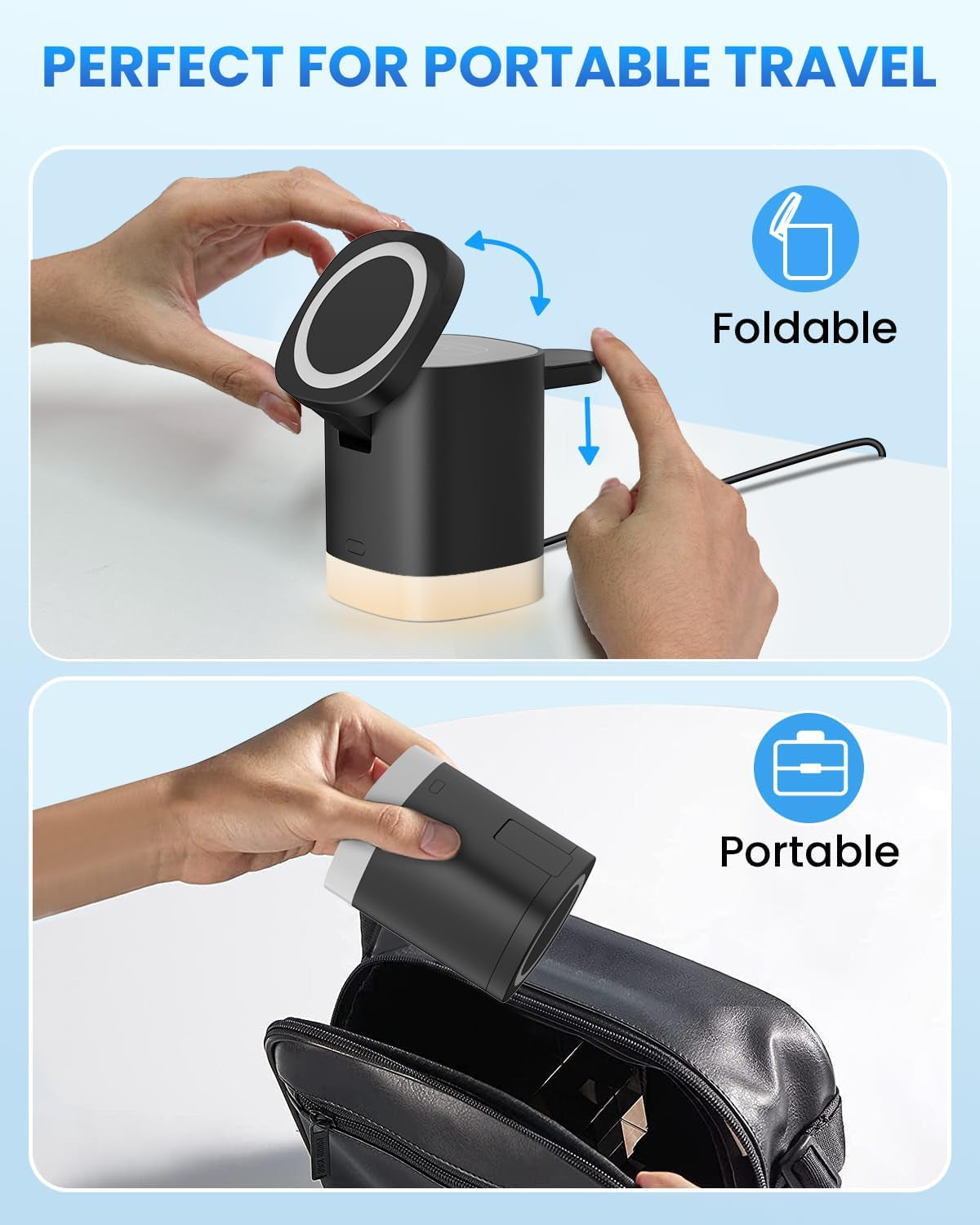 Mag Safe Caricatore Wireless 3 in 1 per I Phone 16/15/14/13/12 Serie, Pieghevole Stazione Ricarica Con Luce Notturna Regolabile per Iwatch 10/9/8/7/6/5/4/3/2/SE, per Airpods 4/3/2/Pro, Nero