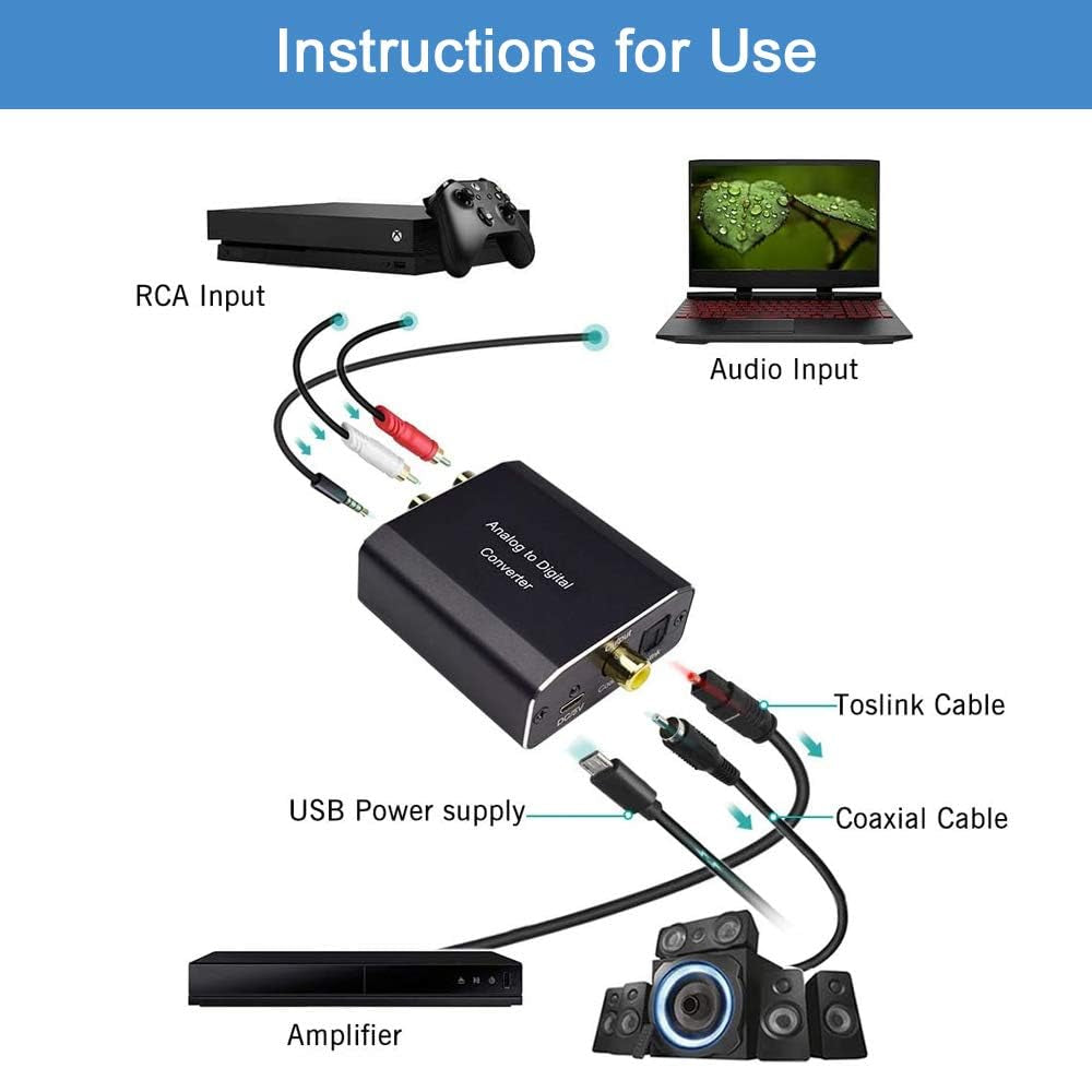 Analogico Ad Digitale Audio Convertitore Adattatore,Adc Convertitore Da RCA 3,5 Mm Jack a Coaxial Toslink Con Toslink Cavo E Power Adapter per TV DVD Blu-Ray PS3 PS4 Xbox,Alluminio