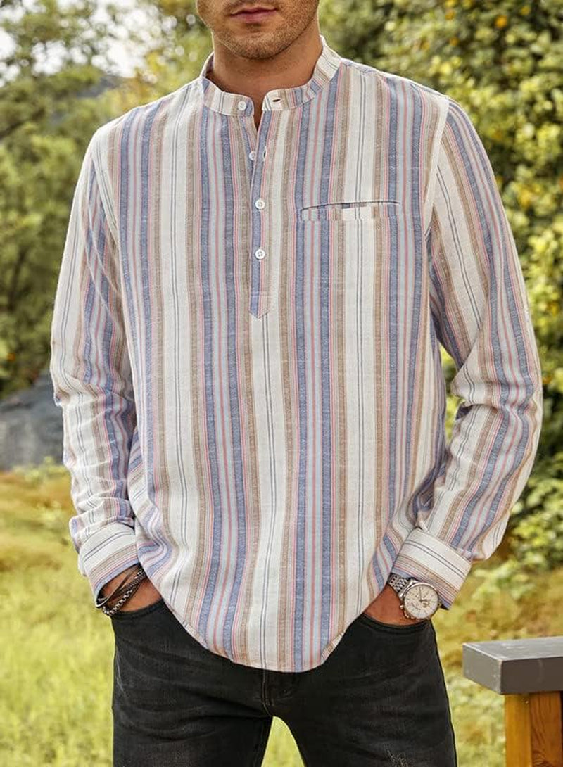 Uomo Camicie a Maniche Lunghe Henry Shirt Camicia Di Lino Camicia Estiva Camicia a Righe Regular Fit Maglia per Il Tempo Libero S-XXL