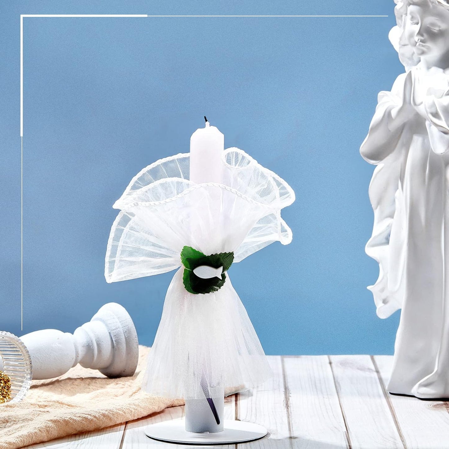 Set Di Gonne Di Candele per Comunione DIY per Fare 5-8 Tulle per Candele Con Foglie Di Eucalipto Pesce Protezione Antigoccia per Candela per Comunione Battesimo, Bianco