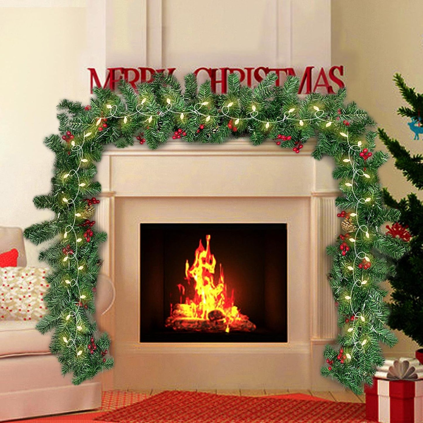 Ghirlanda Natalizia Con Luci 270CM Ghirlanda Natalizia Scale Lunga Luce a Led,Ghirlande Artificiali Natale per Camino Scale Porte Albero Decorazione per Feste Di Natale