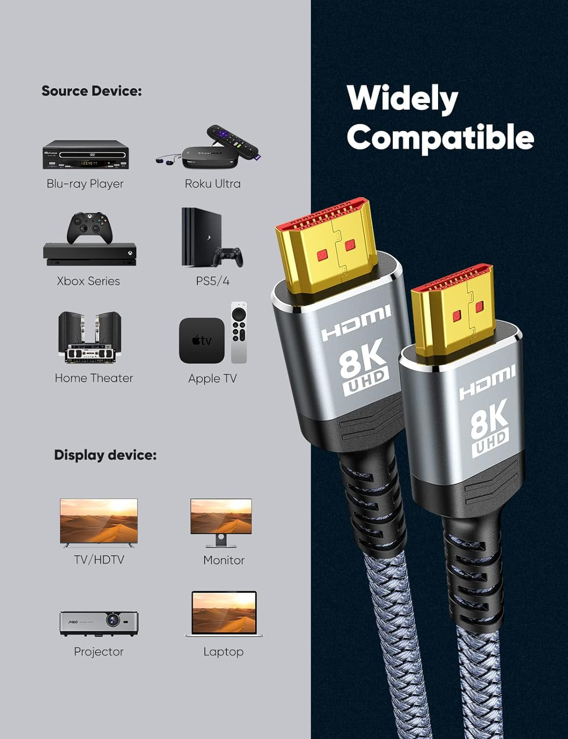 Cavo HDMI 8K 2M, 48Gbps Alta Velocità 8K@60Hz&4K@120Hz/144Hz RTX 3090 for PS5 Console 7680P Dolby Vision, DTS: X, HDCP 2.2/2.3, HDR 10, Earc, Dynamic HDR, Compatibile PS5 PS4 8K PC HDTV