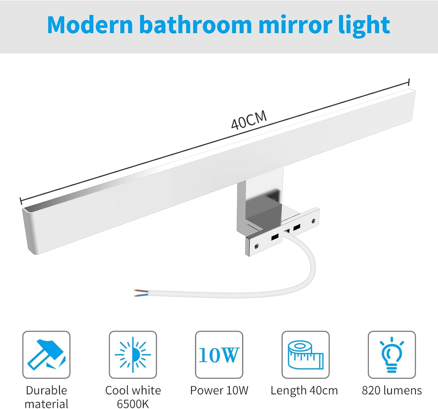 Lampada Specchio Bagno 10W,40CM 820LM Luce Specchio Bagno Led,Bianco Freddo 6500K E Resistente All'Acqua IP44 Luci Specchio Bagno CLASSE II per Armadietto a Specchio