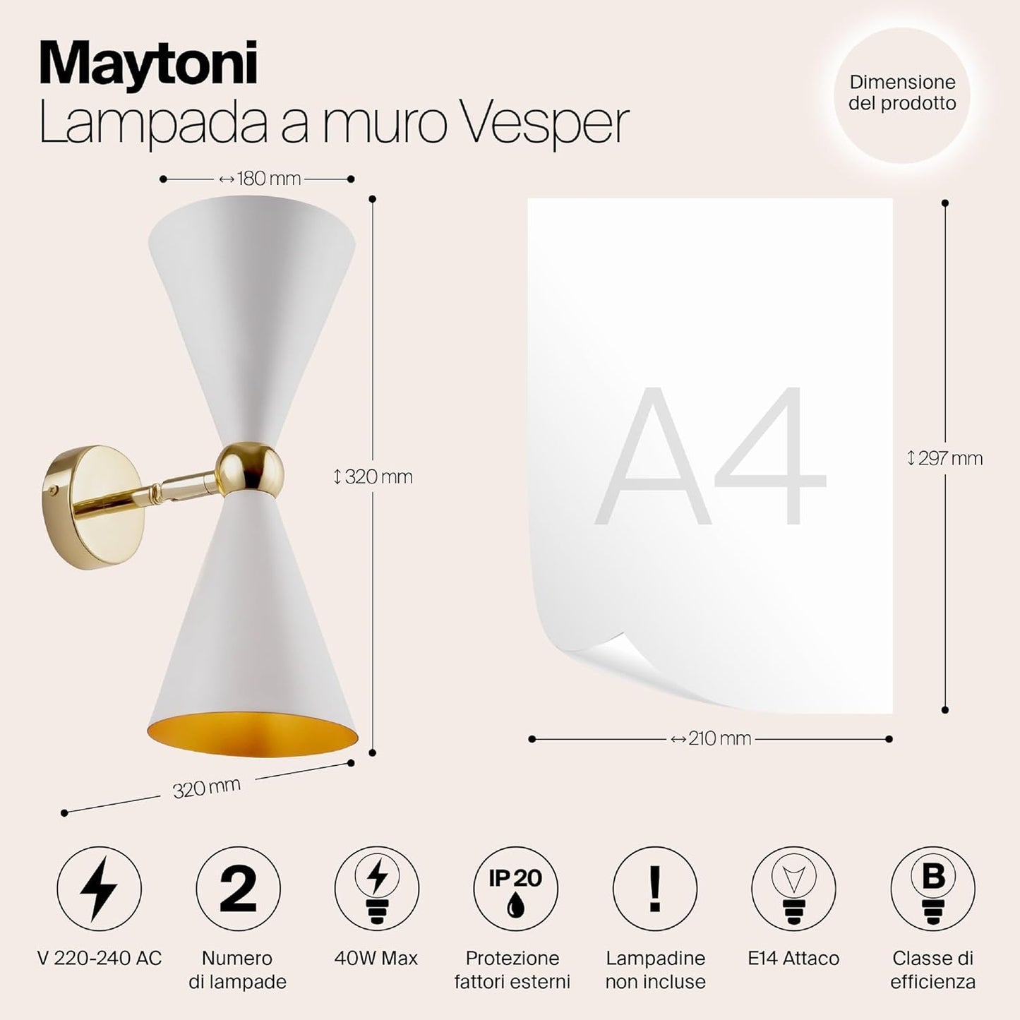 Moderna Applique Lampada Da Parete Bidirezionale a 2 Luci, Bianco E Oro, Paralumi Orientabili, per 2 Lampadine E14 40W Non Incl. per Sala, Camera Da Letto, Soggiorno, Cucina