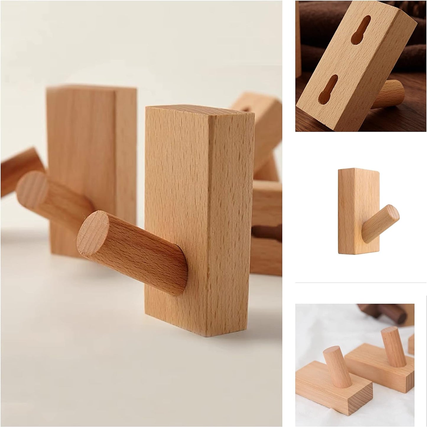 Confezione Da 4 Ganci Autoadesivi Da Parete in Legno, Appendiabiti Decorativi in Legno, Ganci in Legno, Ganci per Cappelli (Rettangolo Faggio- 8 Pezzi)