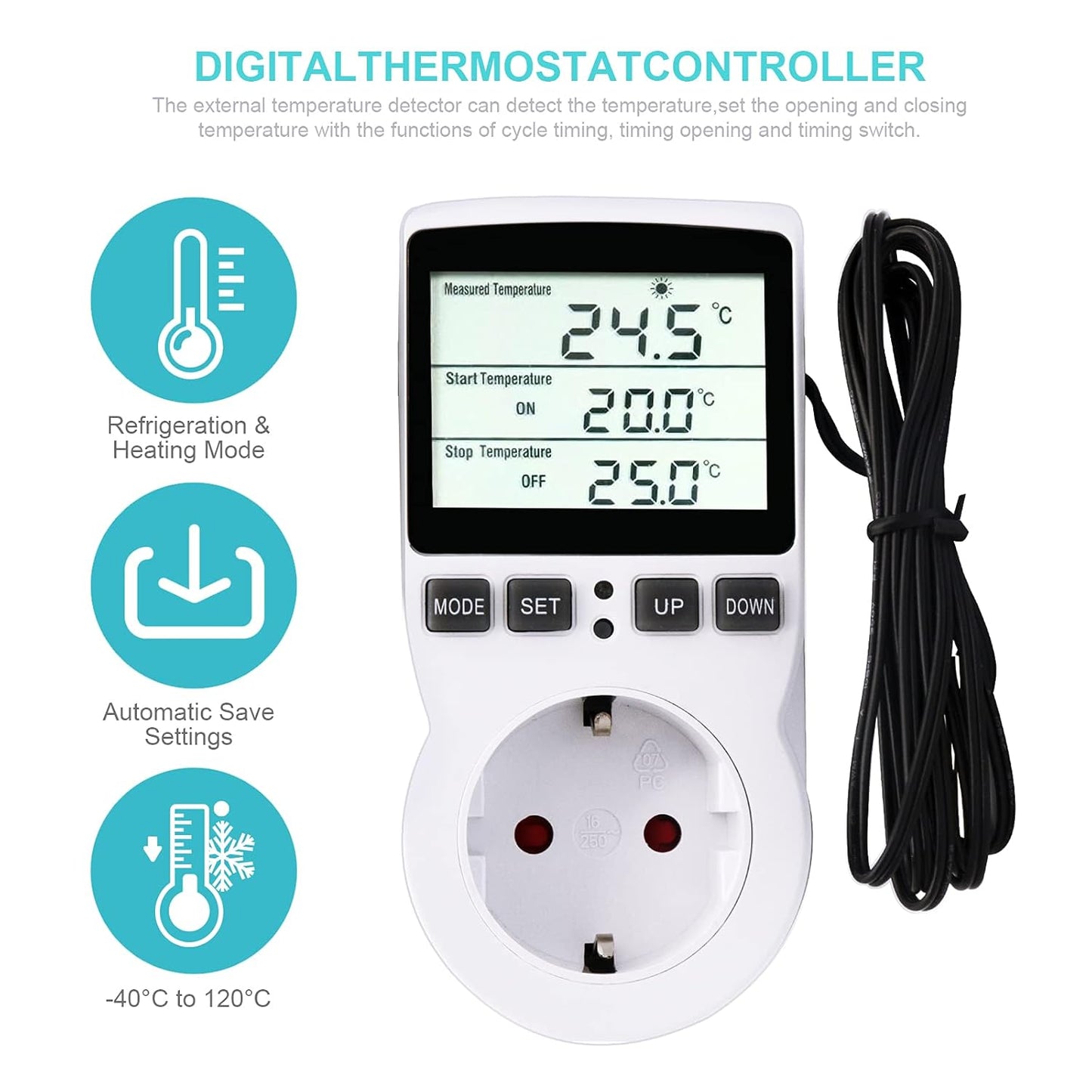 Digitale Termostato Regolatore Temperatura LCD Multifunzione Con Timer E Sonda per Serra, Acquario, Riscaldamento, Terrario, Acquario, Rettili, Incubatore (EU)