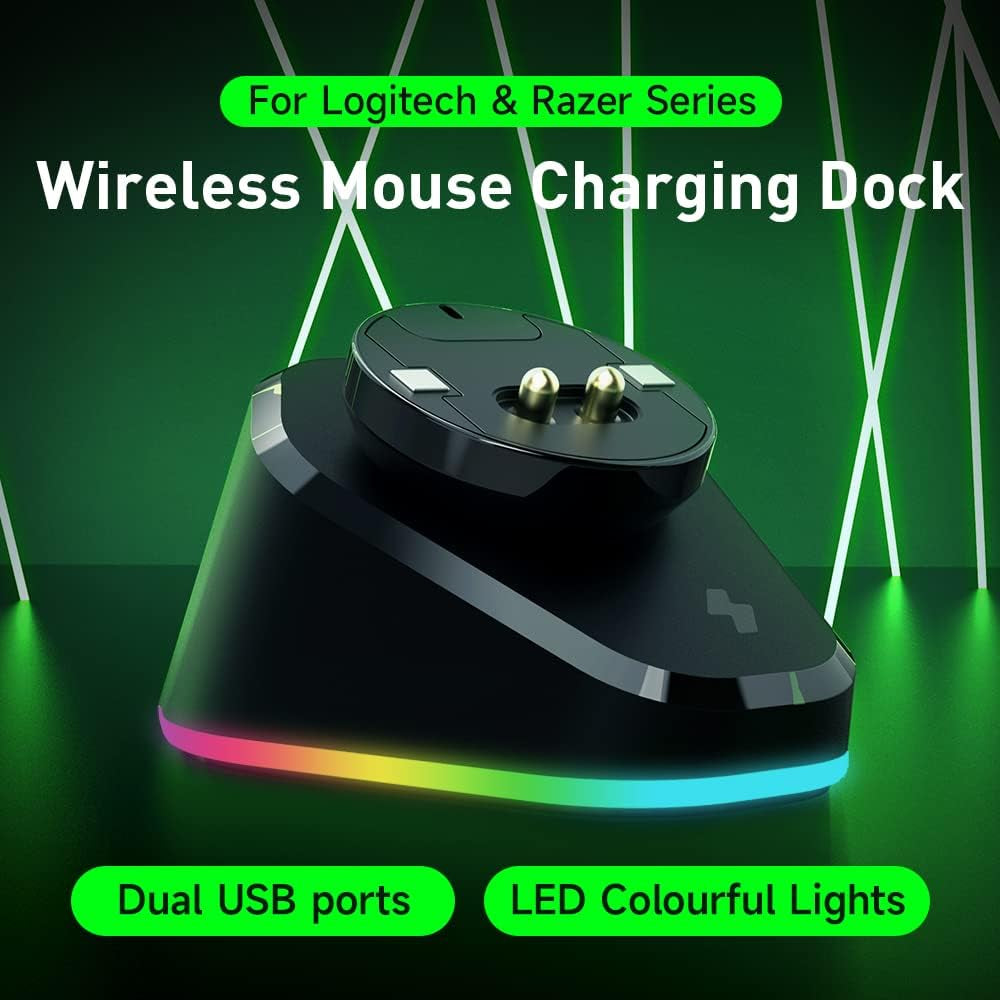 Di Ricarica per Razer E Logitech Mouse Wireless, Adatto per Razer Naga Pro/Deathadder V2 Pro/Viper Ultimate, per Logitech G Pro/G502 X PLUS/G903 Lightspeed, Magnetico Mouse Dock -Nero/Rgb