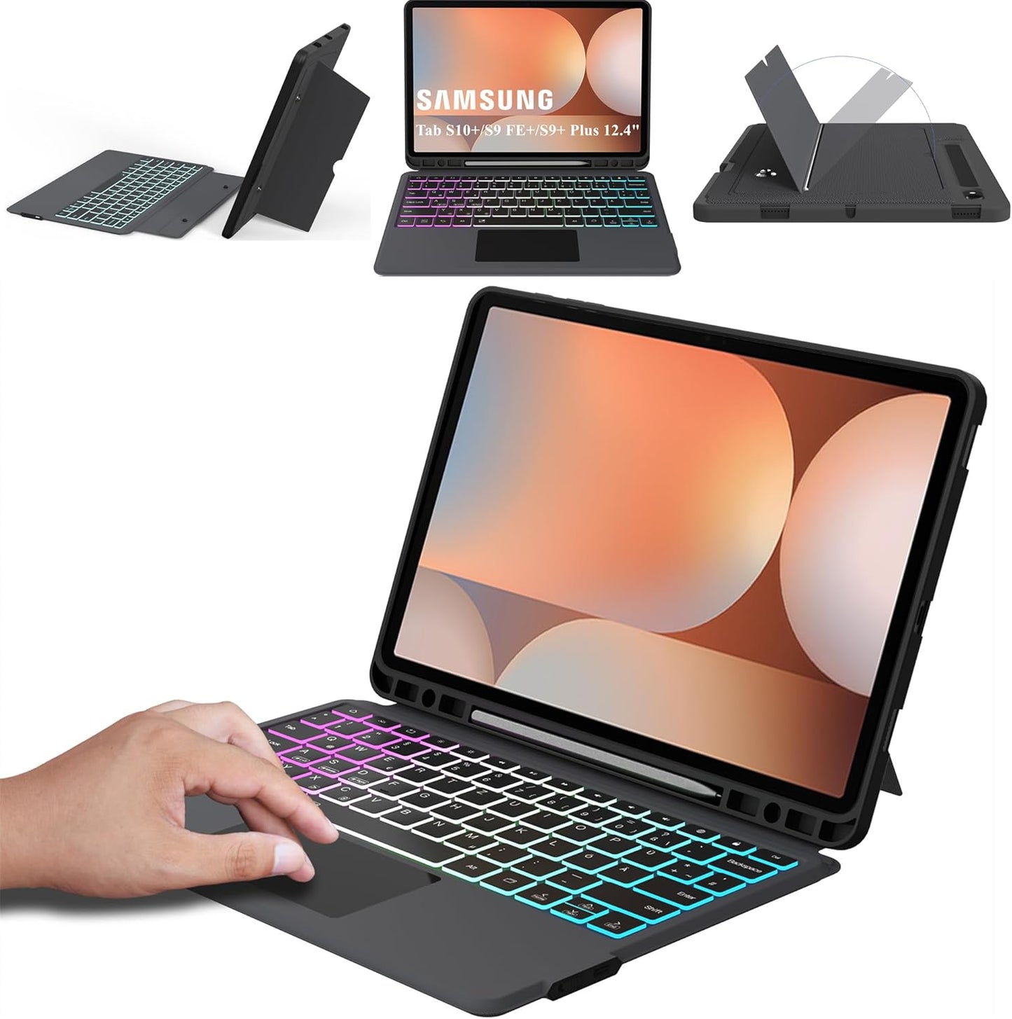 Custodia per Galaxy Tab S9 FE+/S9+/S10+ 12,4 Pollici Con Tastiera QWERTZ – Tastiera Rimovibile Con Touchpad & 7 Illuminazione Colorata – Custodia Tastiera per Samsung Galaxy Tab S10+ Plus/S9 FE