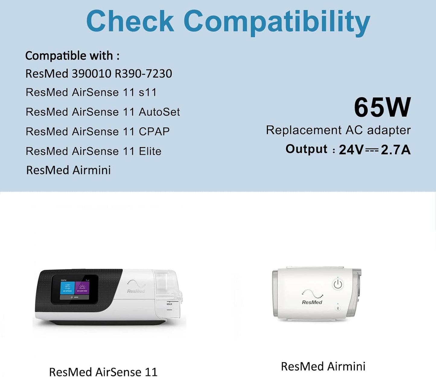 65W 24V Caricabatteria Alimentatore per Resmed Airsense 11 Resmed Airmini Air11 65W 39205 E1399 Resmed 390010 R390-7230 Resmed CPAP Resmed Adattatore DC 11-25V