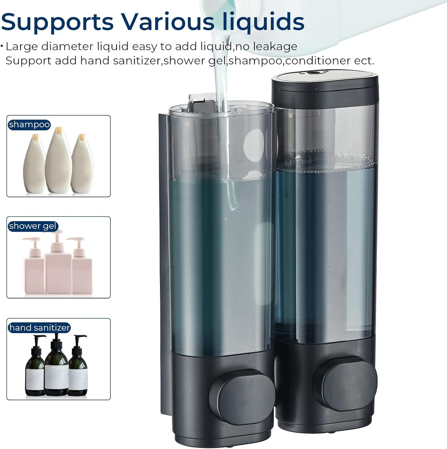 Dispenser per Shampoo E Balsamo, Dispenser per Doccia a 2 Camere, Senza Trapano, Dispenser Di Shampoo per Doccia a Parete, per Shampoo, Balsamo, Bagnoschiuma, per Bagno (Nero, 2 Camere)