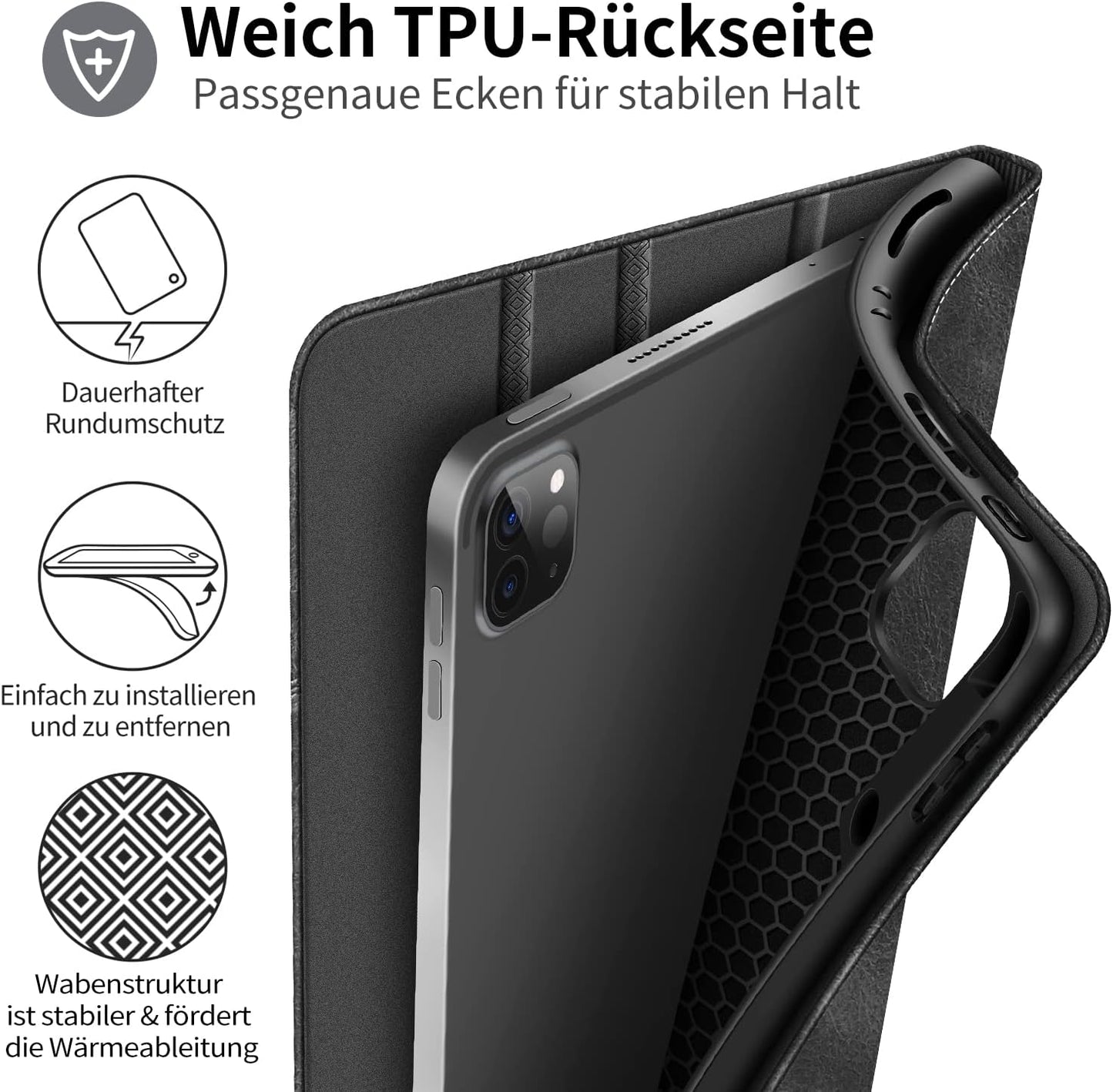 HOLIMET Custodia per Ipad Pro 12.9 2022 6 Generazione, 2022/2021/2020/2018 (6A/5A/4A/3A Gen) Smart Cover Con Pencil Holder per Pencil 2, Auto Svegliati/Sonno Case per Ipad Pro 12.9 Pollici (Nero)