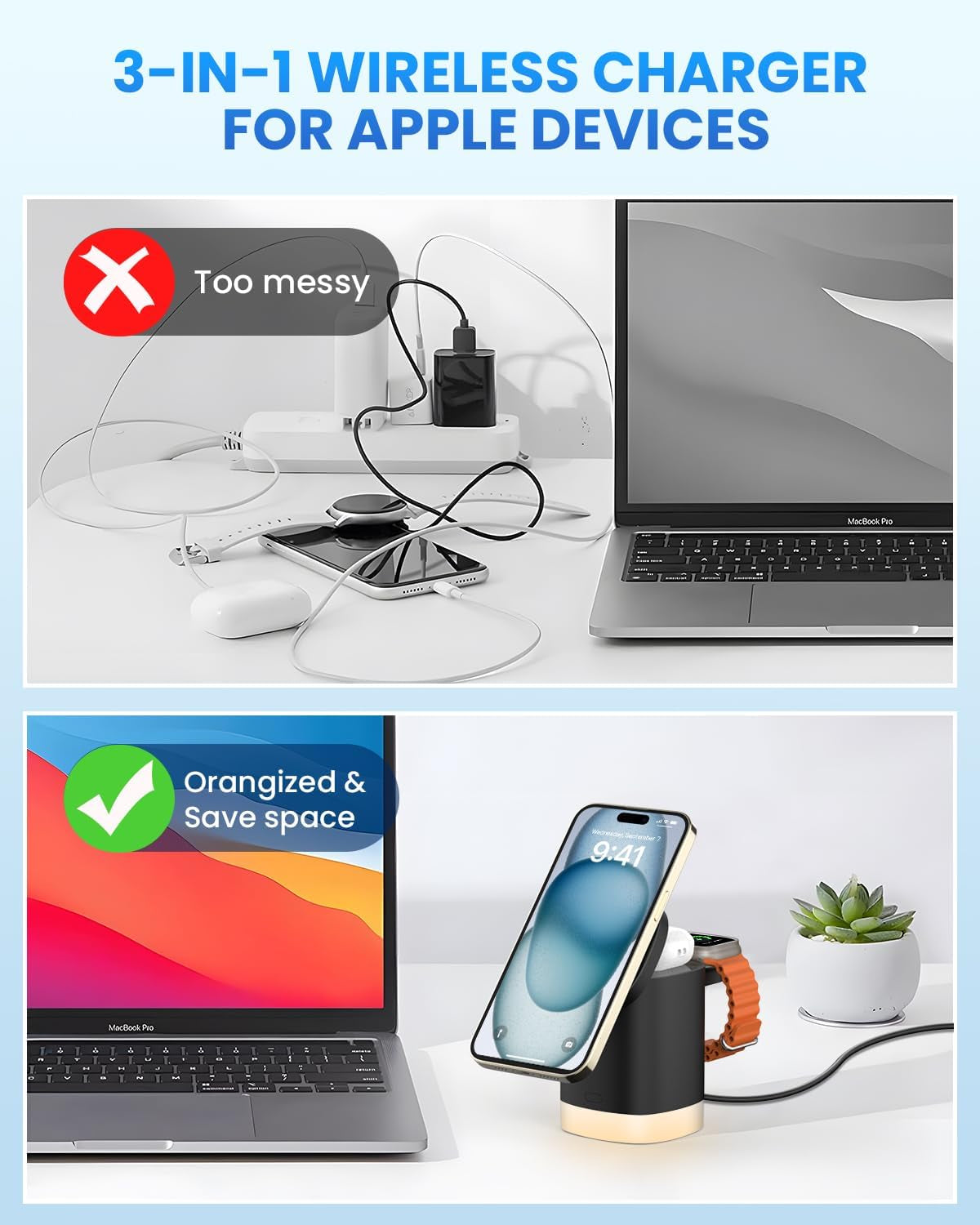Mag Safe Caricatore Wireless 3 in 1 per I Phone 16/15/14/13/12 Serie, Pieghevole Stazione Ricarica Con Luce Notturna Regolabile per Iwatch 10/9/8/7/6/5/4/3/2/SE, per Airpods 4/3/2/Pro, Nero