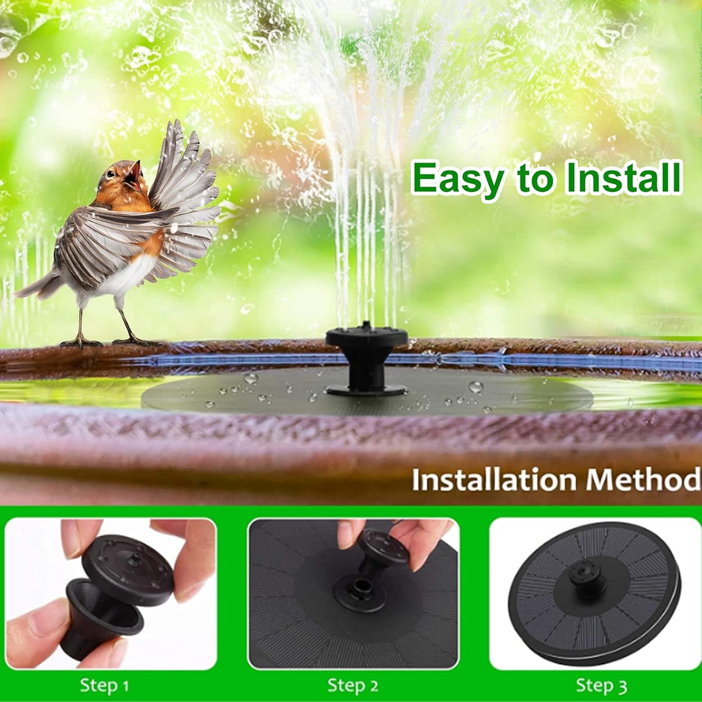 Fontana Solare Con Luci LED a 6 Colori, Pompa Solare Da 3 W Con Batteria Integrata Da 1500 Mah, Pompa Solare Con 7 Ugelli + 4 Barre Anti-Collisione, per Giardino, Vasca per Uccelli