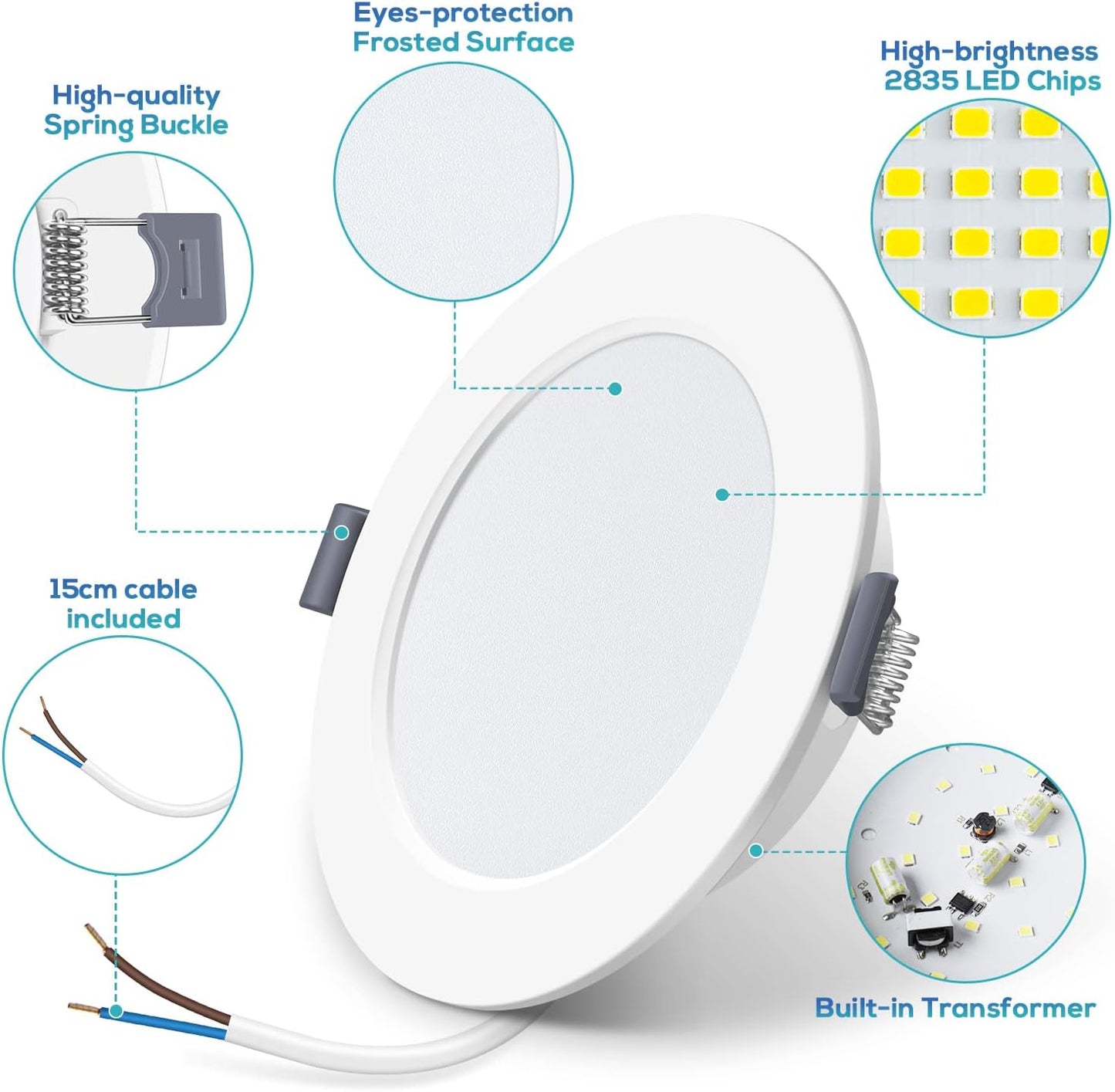 Faretto Da Incasso Led Flat 9W 690LM 2.55Mm Ultra Sottile, Spot Led 230V Bianco Caldo 3000K Faretto Da Incasso Led Dimmerabile, Ritaglio Ø120-130Mm, Confezione Da 6