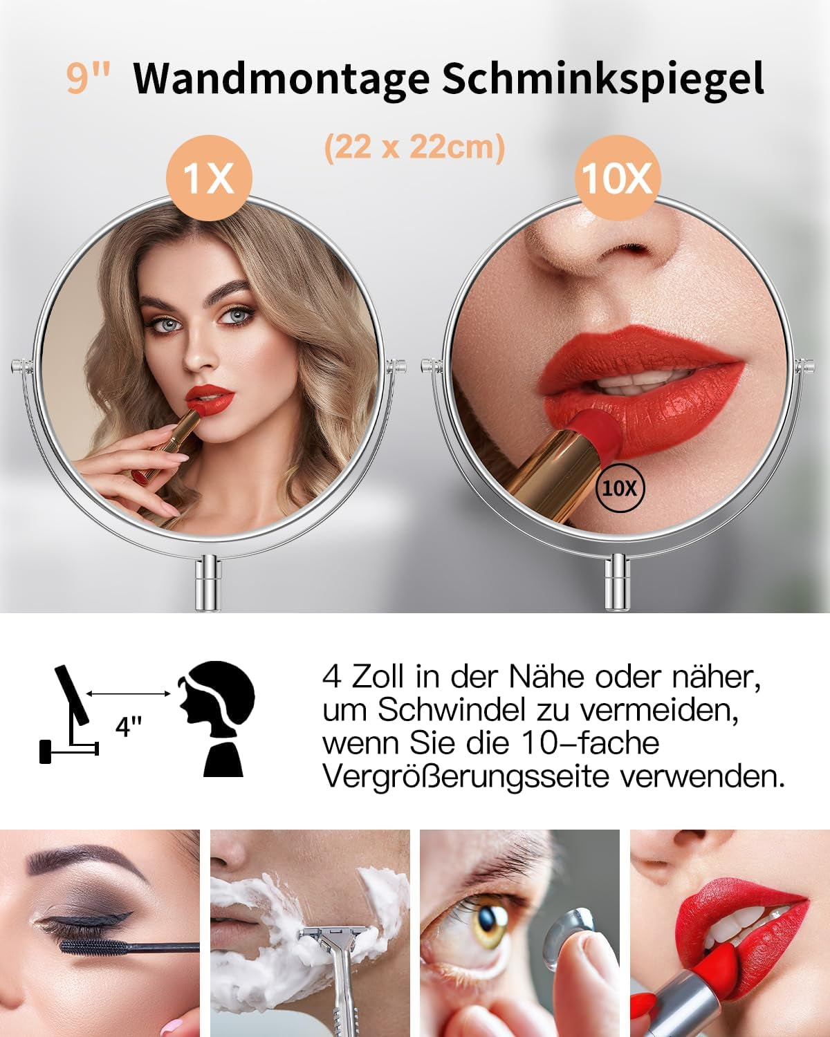 Gospire - Specchio Cosmetico Da 9 Pollici, Montaggio a Parete, Double-Face, Specchio Barba, Trucco Con Ingrandimento Normale E 5X, Orientabile 360°, Cromato, per Bagno, Studio Cosmetico, Hotel