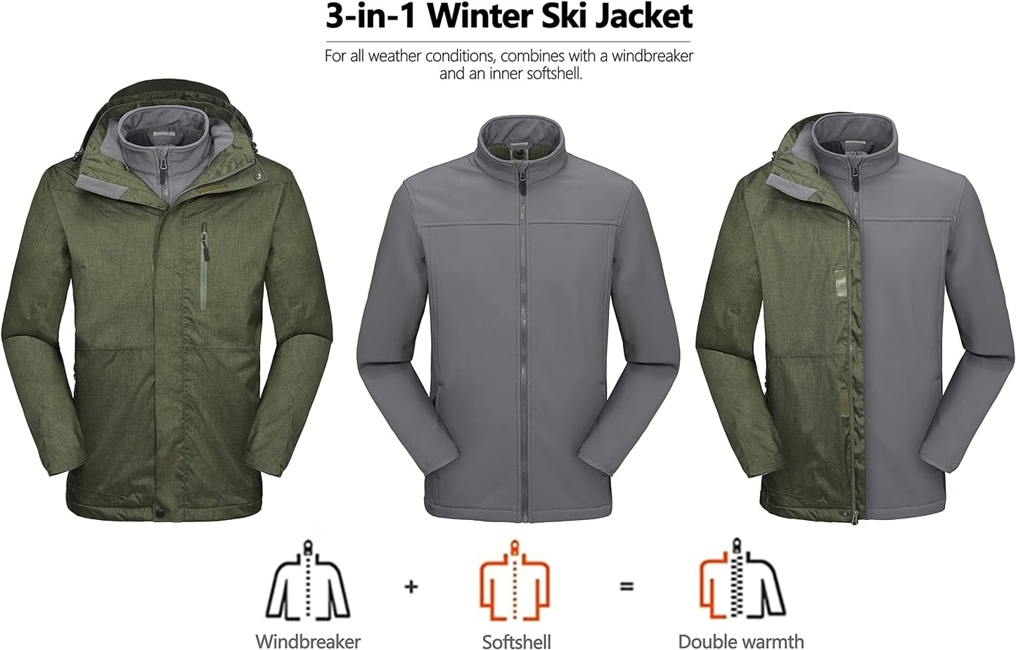 Giacca Da Sci Da Uomo 3 in 1, Impermeabile, per Neve, Pioggia, Invernale, Con Interno in Softshell Termico