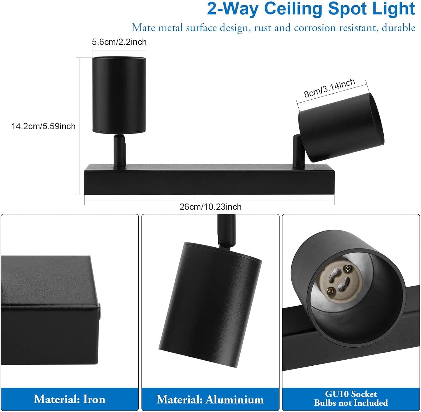 Faretti Da Soffitto Orientabili Nero, Con 2 Attacco GU10, Plafoniera 2 Luci Interno, Lampada Soffitto per Cucina, Soggiorno, Camera Da Letto, Max 50W X 2, Lampadina Non Inclusa