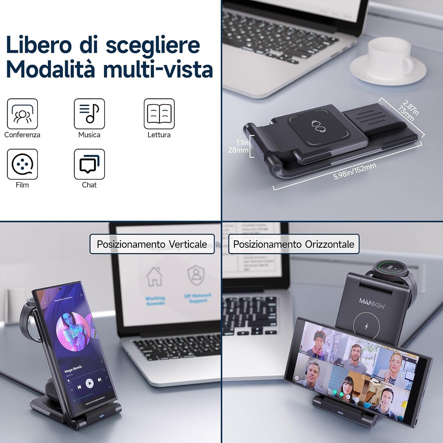 Stazione Ricarica per Samsung, Pieghevole 3 in 1 Base Ricarica Wireless per Samsung S24/S23/S22/S21/S20, Z Fold 5/4/3, Note20/10 Ultra, Watch 6/5/4/3/Active, Buds2/+/Pro/Live