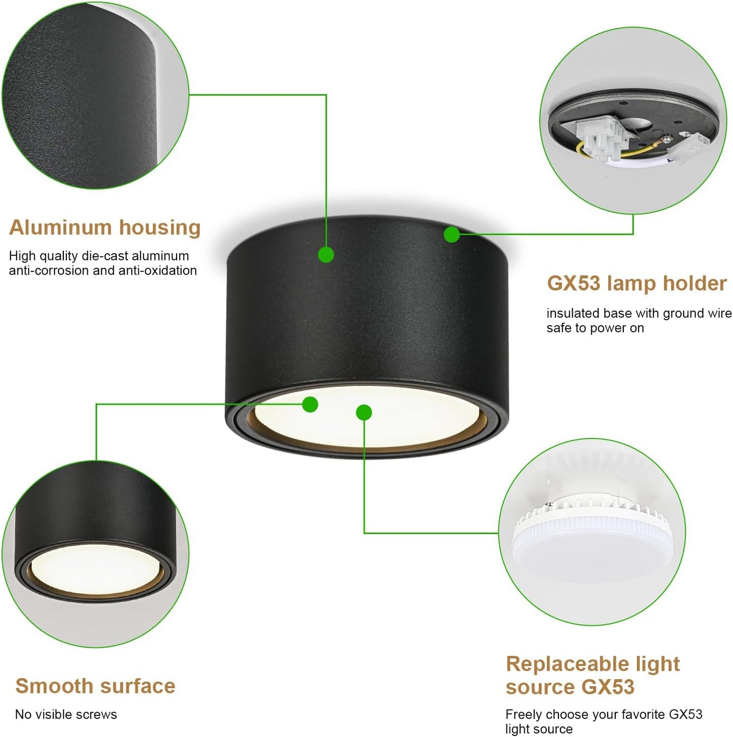 Faretti LED Soffitto 6W Faretti Da Soffitto 550LM 3000K Bianco Caldo Plafoniera Led Soffitto Rotonda Ø95X55Mm Lampada Da Soffitto in Alluminio per Corridoio Salotto Salone Cucina, Nero