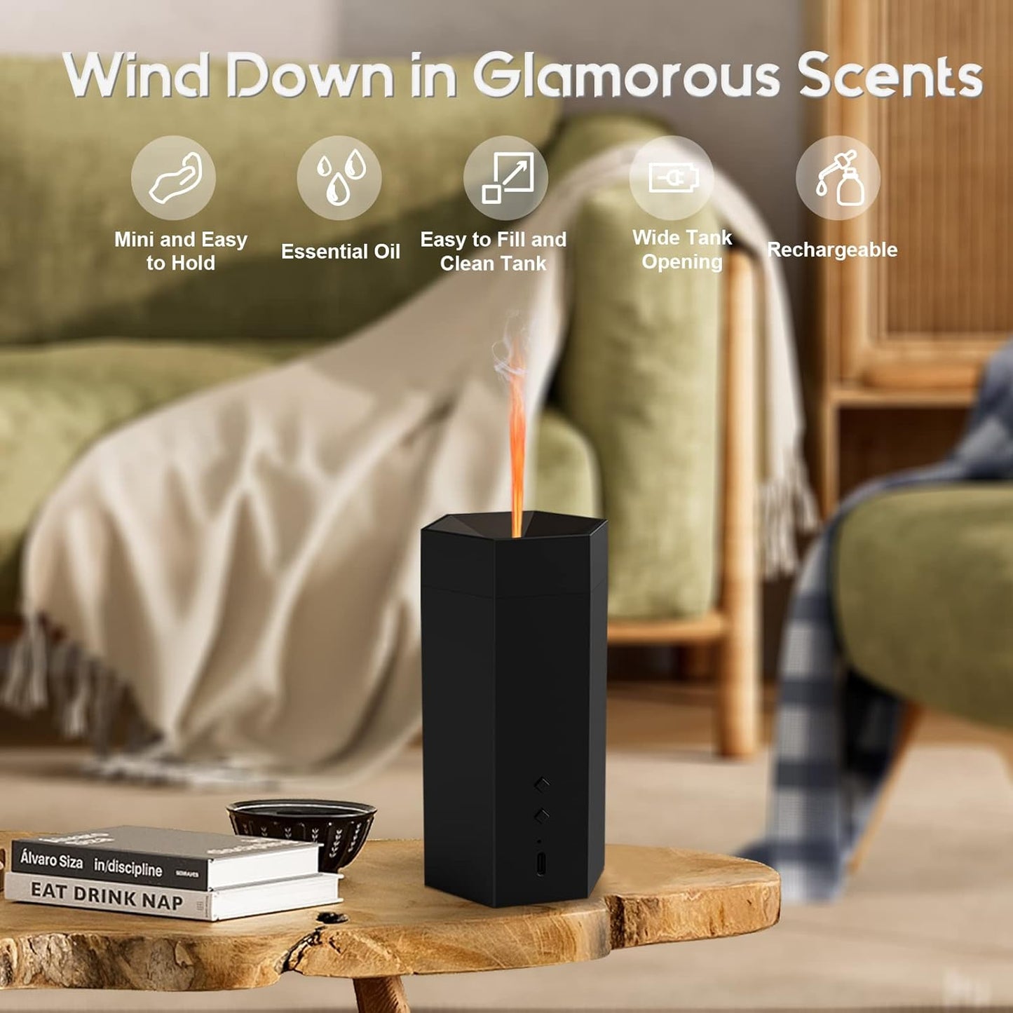Diffusore Di Oli Essenziali E Di Aromi Senza Fili Effetto Fiamma, Ricaricabile, Luce Regolabile, Spegnimento Automatico - Diffusore Ambiente Elettrico per Yoga, Casa, Ufficio, Camera Da Letto