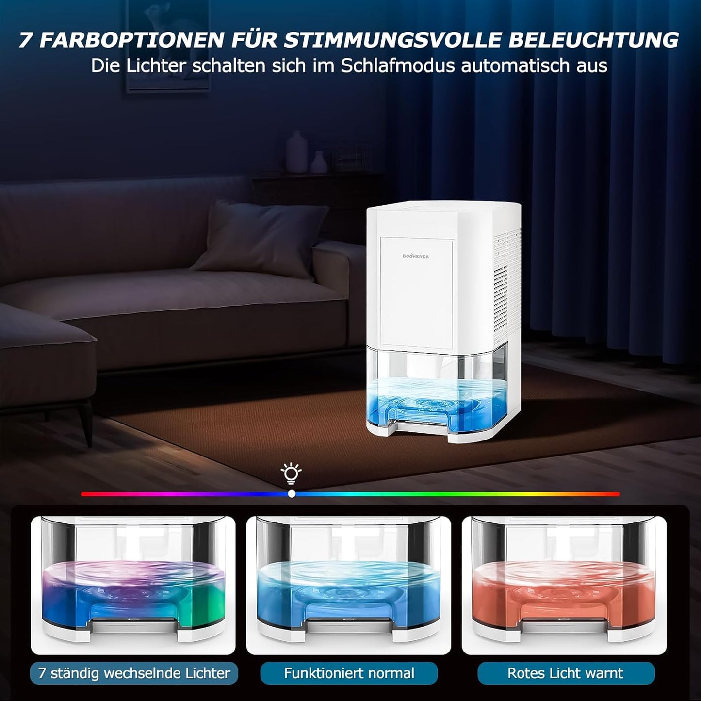 Deumidificatore Elettrico, 1200 Ml, Deumidificatore per Casa, Piccolo Deumidificatore, Sbrinamento Automatico per Cantina, Bagno, 7 Colori, Con Timer, Contro L'Umidità, Modalità Notte