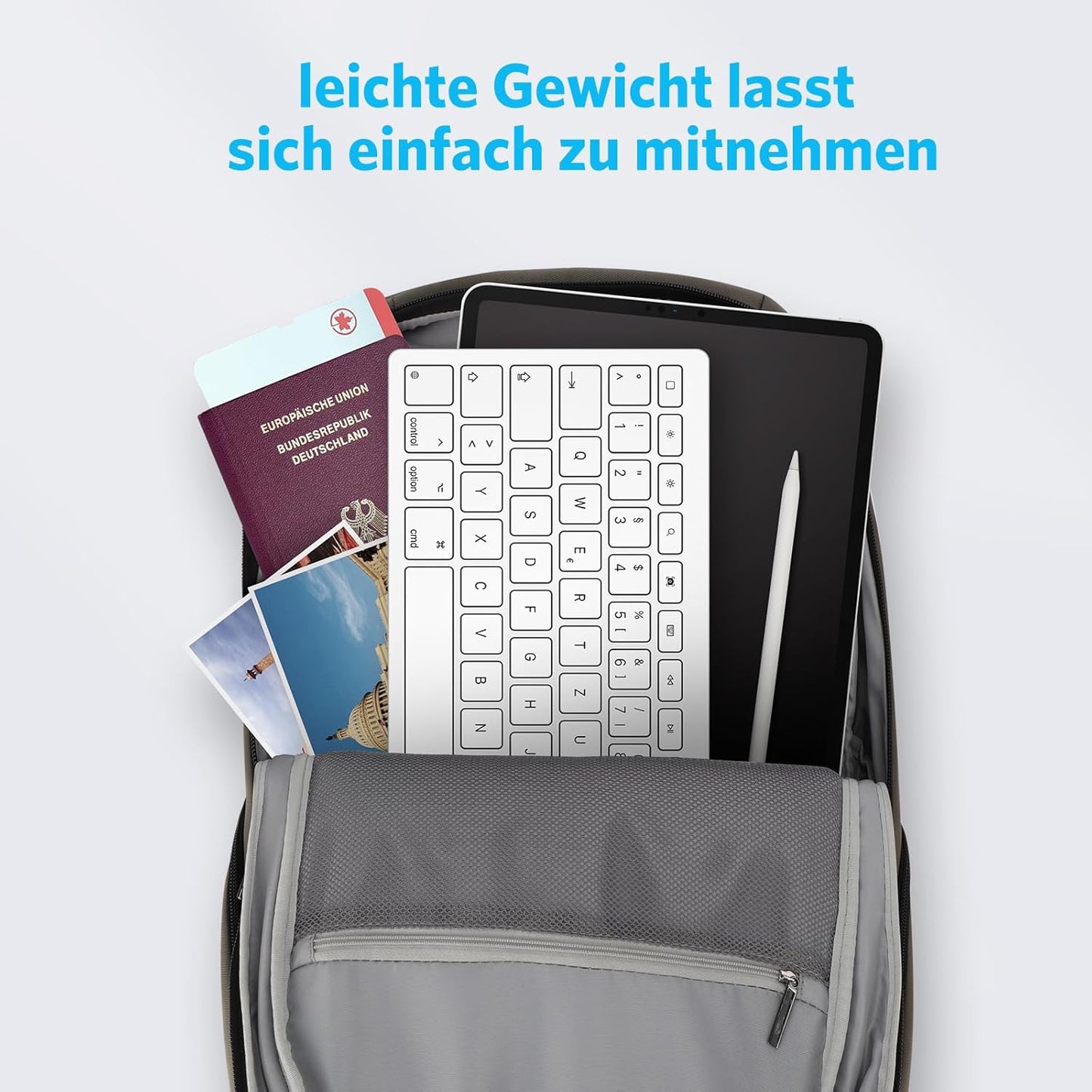 Tastiera Bluetooth Tedesca per Ipad, Ultra Sottile QWERTZ Compatibile Con Ipad 10,2/9,7, Ipad Pro 11/Ipad Pro 12.9, Ipad Air/Ipad Mini/Iphone, Connessione Stabile