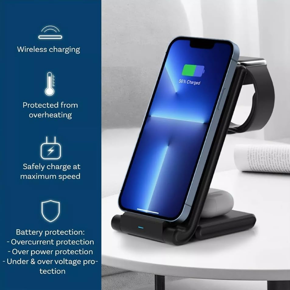 Caricatore Wireless, Ricarica Wireless Pieghevole 3-In-1, Stazione Ricarica per Ricaricare Telefono Cellulari/Smart Watch/Cuffie Che Supporti La Ricarica Wireless