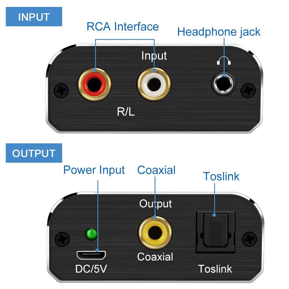 Analogico Ad Digitale Audio Convertitore Adattatore,Adc Convertitore Da RCA 3,5 Mm Jack a Coaxial Toslink Con Toslink Cavo E Power Adapter per TV DVD Blu-Ray PS3 PS4 Xbox,Alluminio