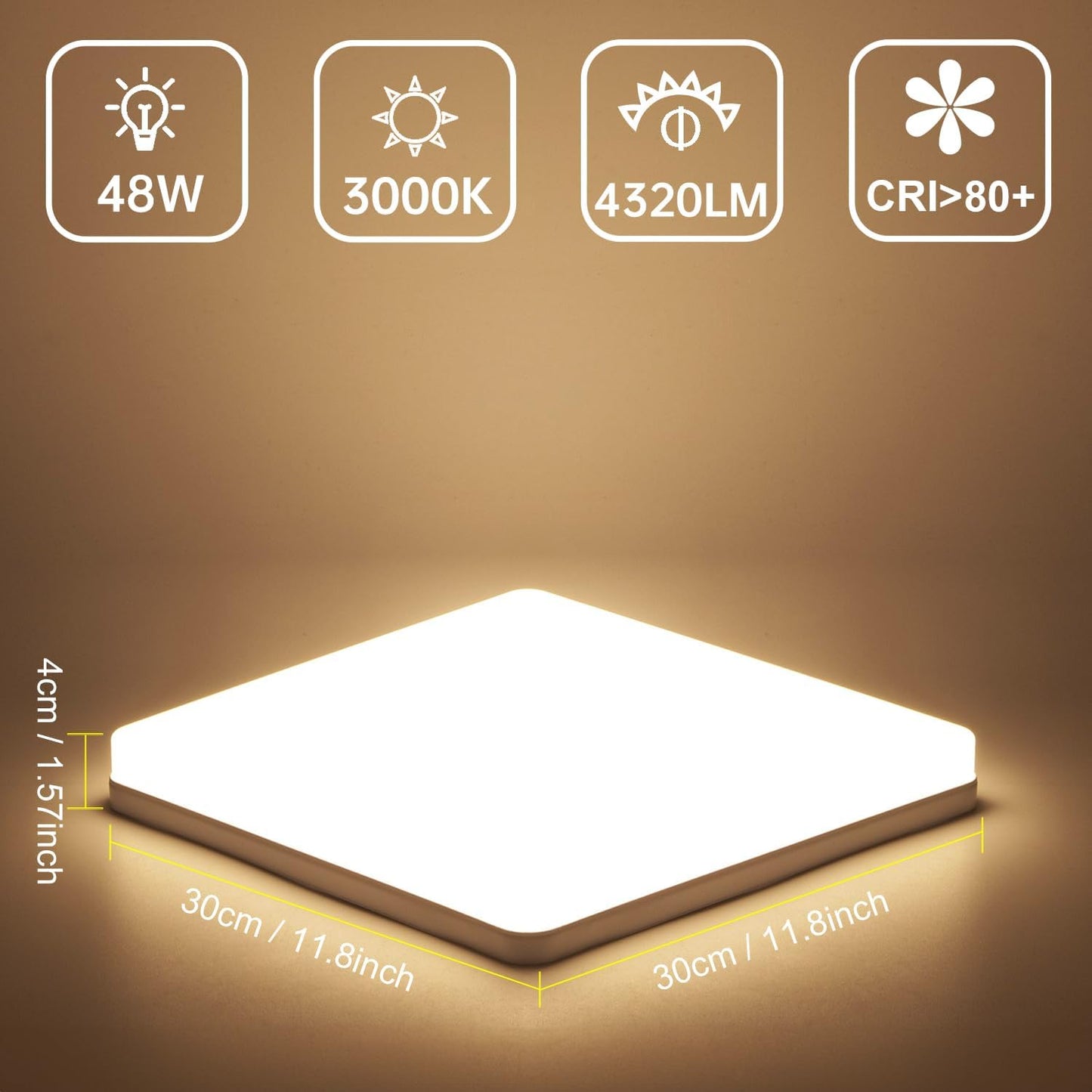 48W Plafoniera LED Quadrata - Lampada Da Soffitto Luce 3000K - Plafoniera Soffitto Bianco Caldo 4320LM - Plafoniera Led Soffitto 30Cm - Moderno Plafoniera Bagno IP44 Cucina Soggiorno Corridoio