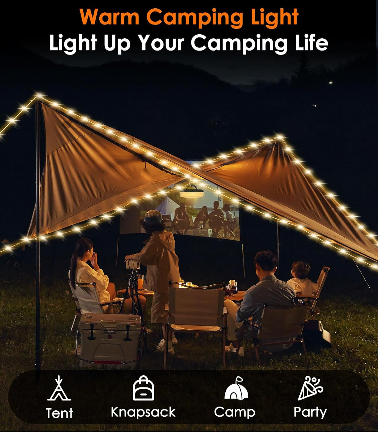 Luci Di Stringa Da Campeggio, Luci a Corda Da Esterno Ricaricabili Portatili 2 in 1 Con 8 Modalità Di Illuminazione, Luce Impermeabile E Durevole per Campeggio E Decorazione Natalizia,Giallo