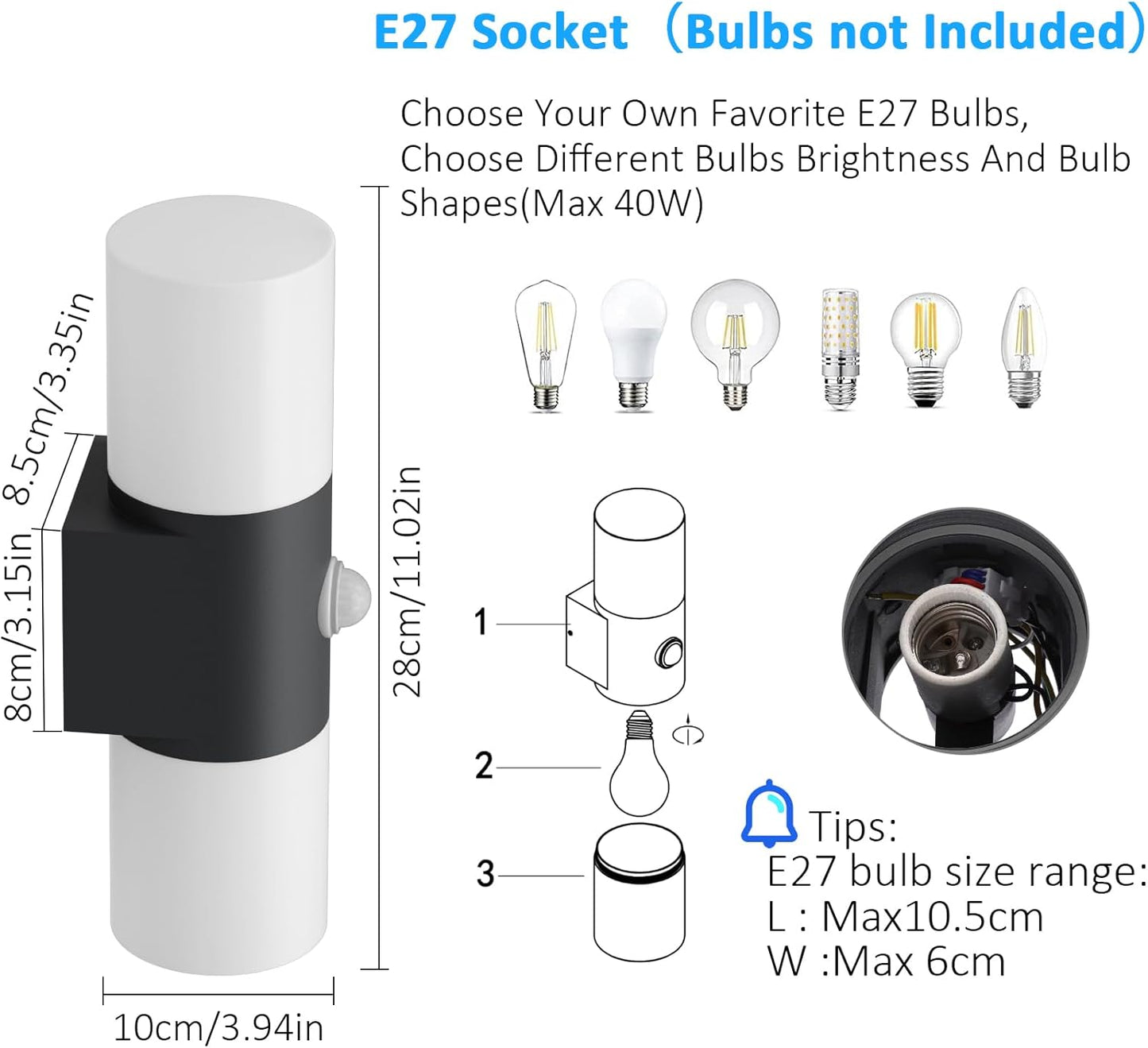 Applique Da Parete E27 Esterno Interno, Nero Su Giù IP54 Lampada Da Parete Moderno Con Sensore Di Movimen, Alluminio Luci Da Parete, per Balconi Giardini, 40W Max, Non Inclusa Lampadina