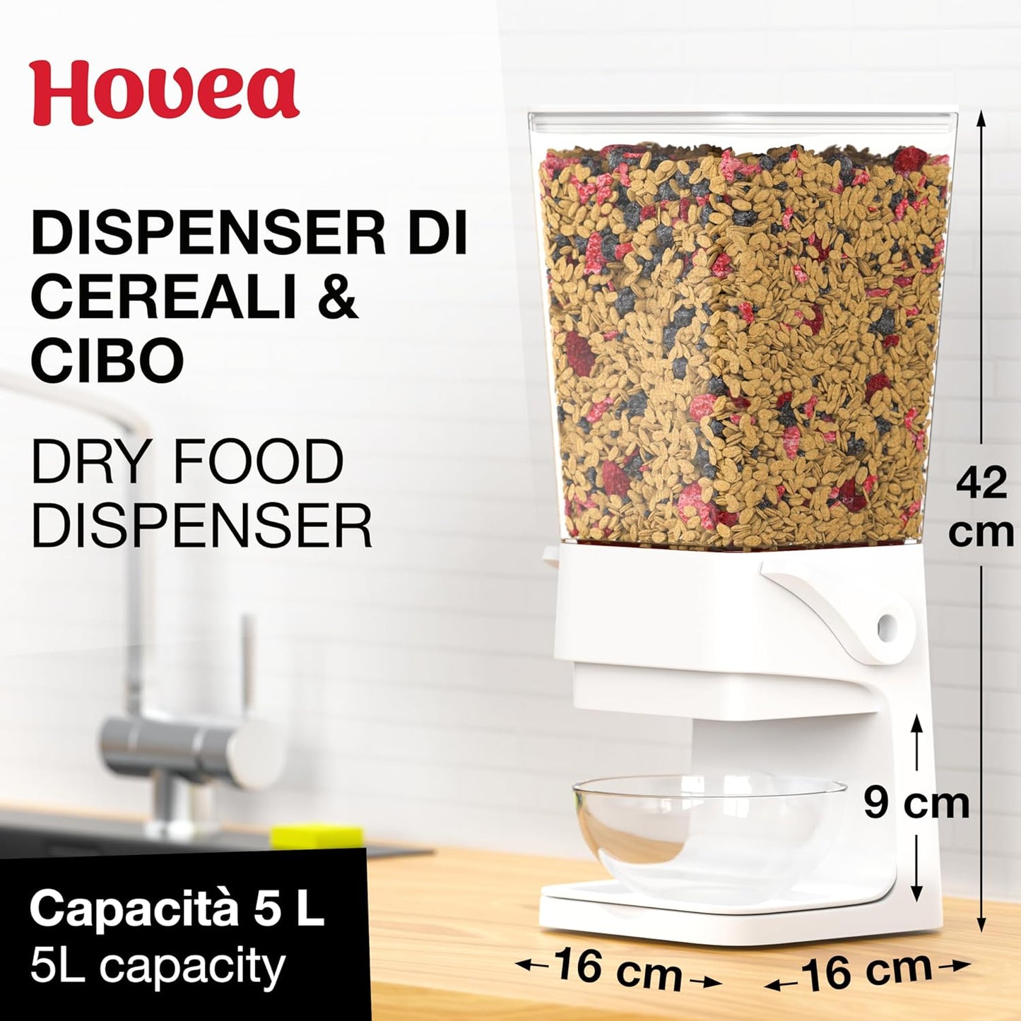 - Dispenser Cereali E Cibo - Capacità 5L - Distributore Di Muesli, Pasta - Dispenser Alimentare Cibo Cani E Gatti - Cucina, Colazione - Bianco - CR500