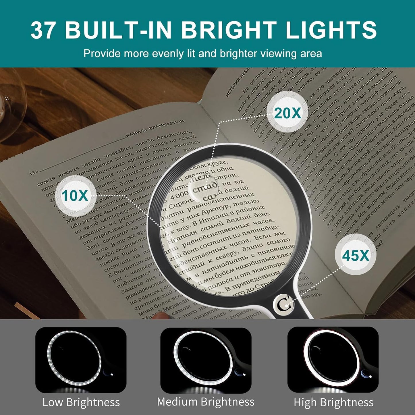 Grande Lente D'Ingrandimento Con Luce a 37 LED, 10 X 20 X 45 X, Con 3 Modalità Di Illuminazione, per Leggere Gli Anziani, Ispezione, Monete, Esplorare Lavori Ravvicinati