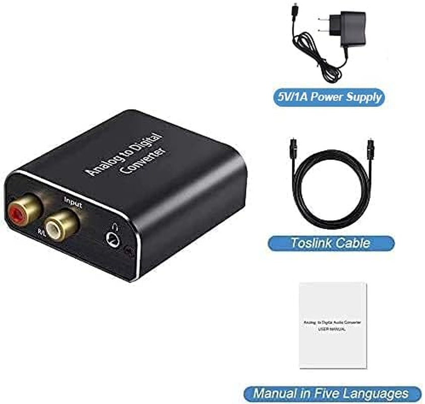 Analogico Ad Digitale Audio Convertitore Adattatore,Adc Convertitore Da RCA 3,5 Mm Jack a Coaxial Toslink Con Toslink Cavo E Power Adapter per TV DVD Blu-Ray PS3 PS4 Xbox,Alluminio