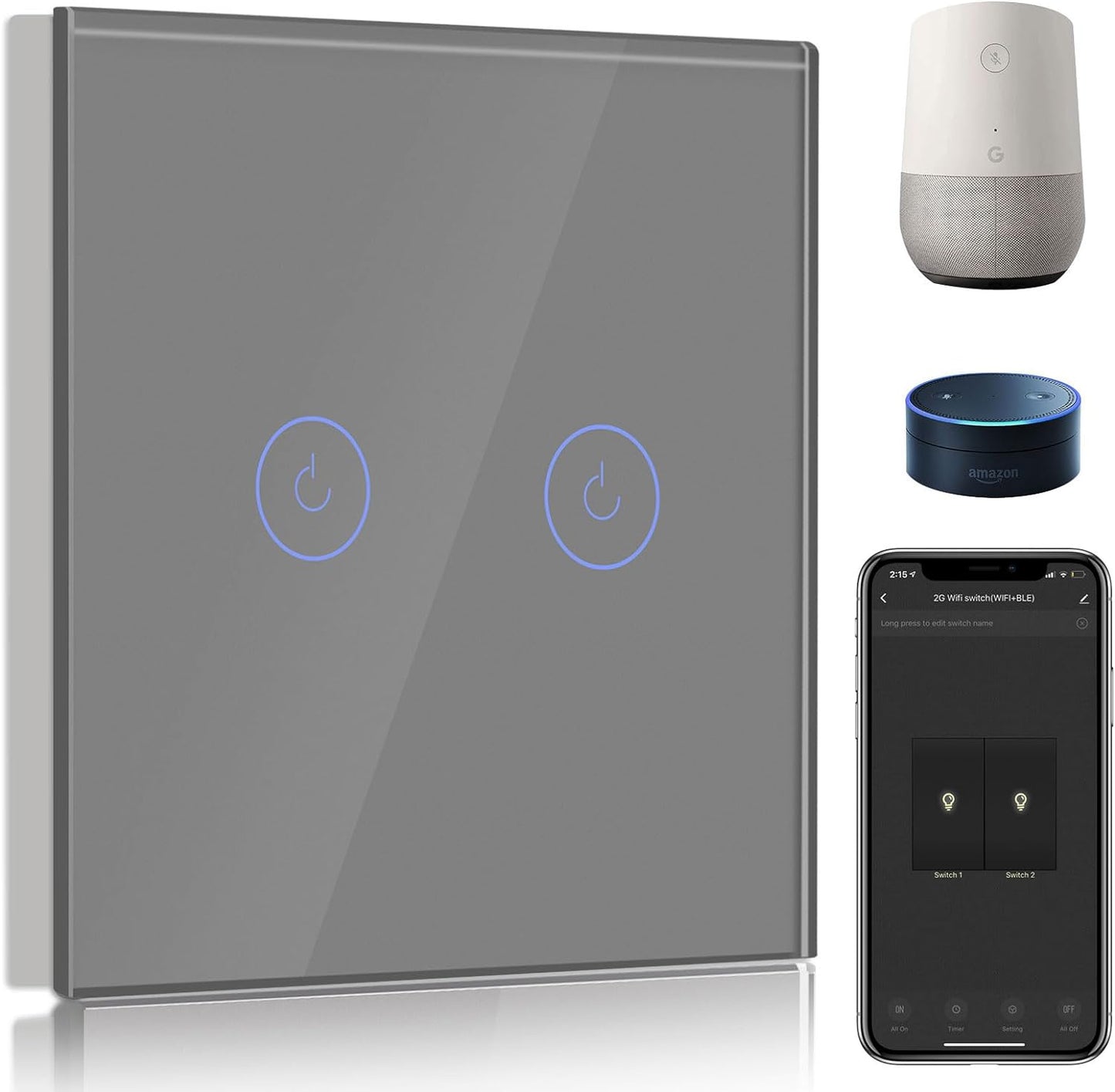 Interruttore Connesso Wifi,Grigio Interruttore Va E Vient Wireless Con Touch Screen, 2 Gang 2 Vie Interruttore Tattile Da Parete Wifi,Compatibile Con Alexa E Google Home(Linea Neutra Richiesta)