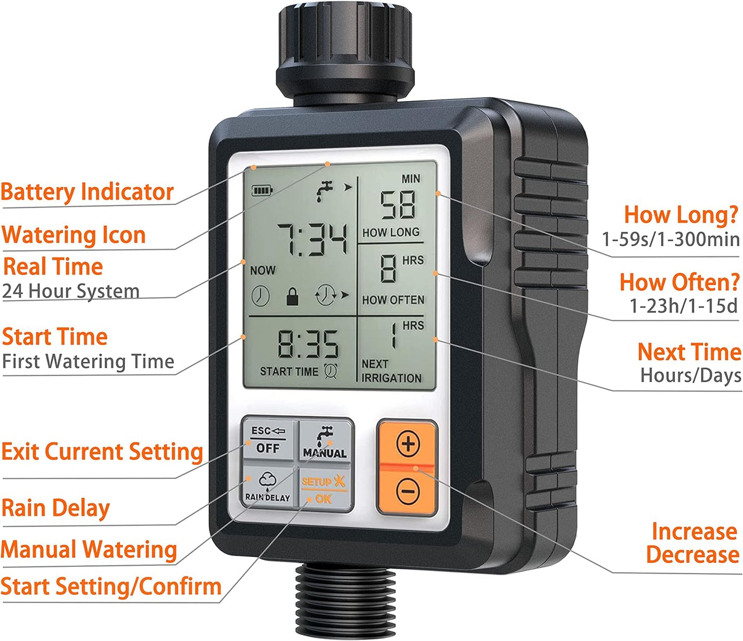 Irrigatore Giardino Timer per Irrigazione Batteria Automatica Programmatore Centralina Irrigazione Ampio Schermo Da 3 Pollici