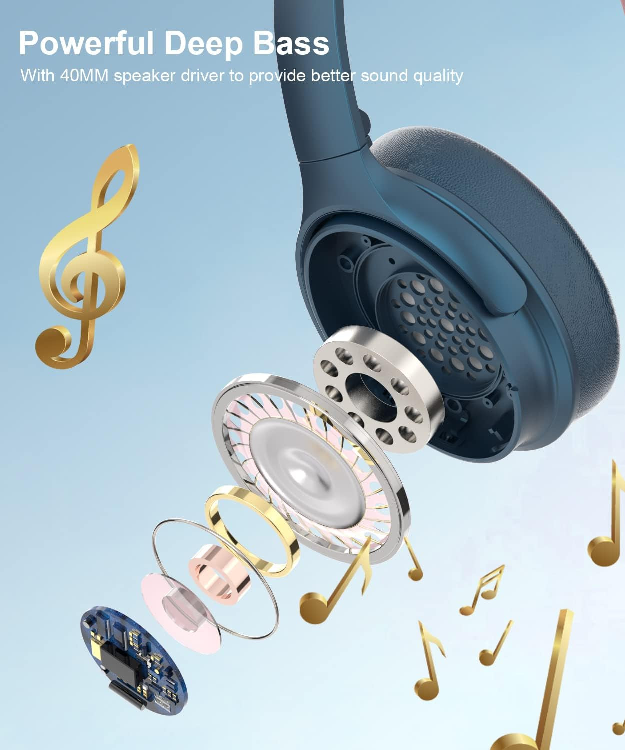 INFURTURE Cuffie con cancellazione del rumore Bluetooth 5.0, Cuffie over-ear wireless, Bassi profondi stereo Hi-Fi, Cancellazione del rumore, Ricarica rapida 40 ore di riproduzione per TV, viaggi, ufficio a casa