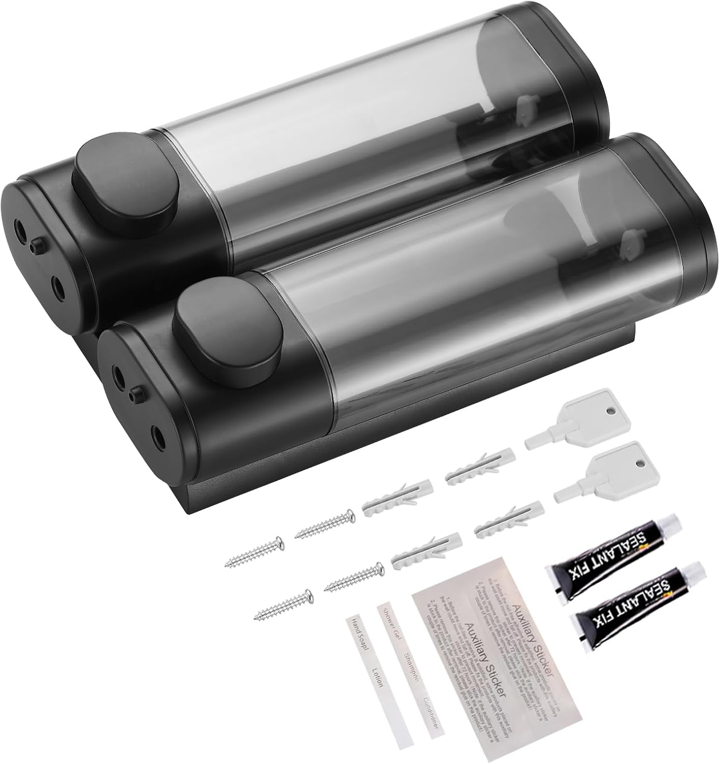 Dispenser per Shampoo E Balsamo, Dispenser per Doccia a 2 Camere, Senza Trapano, Dispenser Di Shampoo per Doccia a Parete, per Shampoo, Balsamo, Bagnoschiuma, per Bagno (Nero, 2 Camere)