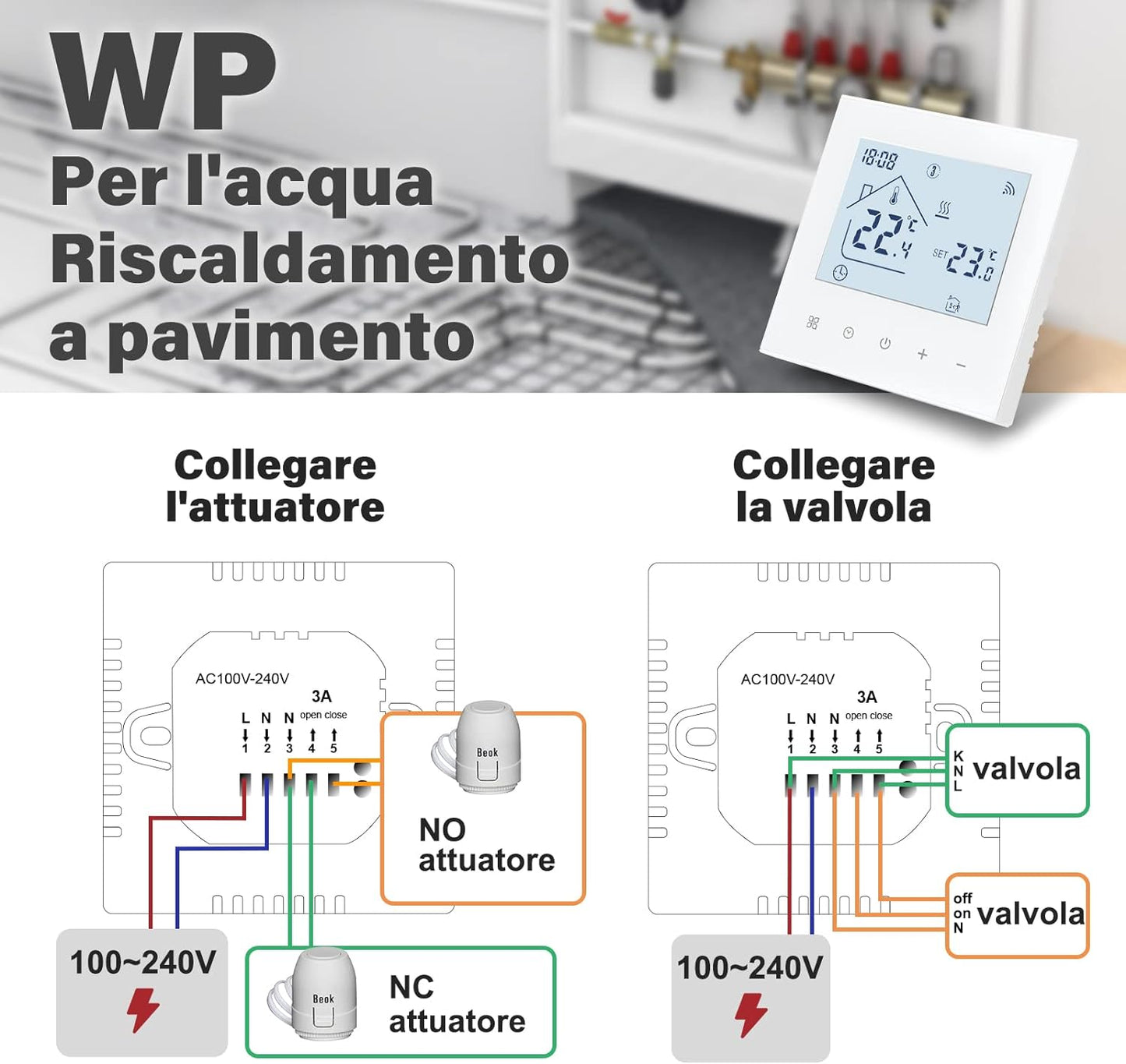 Beok Termostato Wifi Termostati Smart Ambiente per Riscaldamento a Pavimento Dell'Acqua Programmabile Regolatore Di Temperatura Con LCD, Compatibile Alexa, Google Home 3A TDR89W-WIFI-WP Bianco