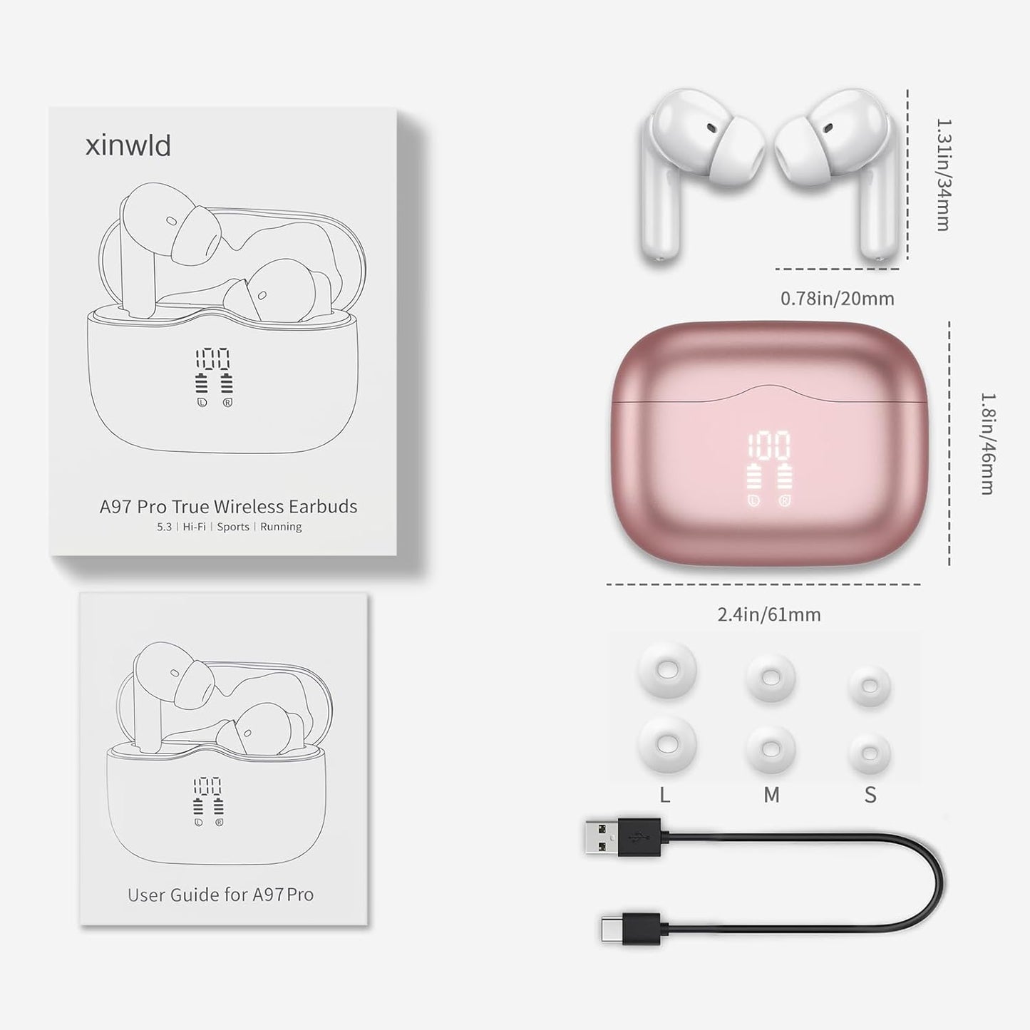 Cuffie Bluetooth, Auricolari Bluetooth 5.3 Stereo Hifi Con 4 HD Mics, Mini Cuffie Wireless Cancellazione Rumorecon, Cuffiette Bluetooth per Androide/Ios, USB-C, 40H Earbuds IP7 Impermeabili, Oro Rosa