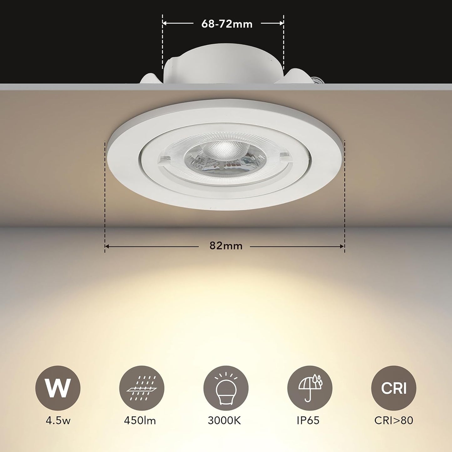 Faretti LED Da Incasso Soffitto 4.5W 450LM IP65 Luci Da Incasso Led Faretto LED Interno Angolari Da Incasso Faretto Ø68 Mm per Bagno, Cucina Camera Da Letto Soggiorno Corridoio Set Di 6 Bianchi