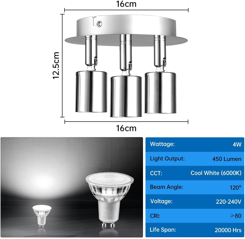 Faretti Da Soffitto Orientabili, Faretti LED Da Soffitto Con 3 Attacco GU10, Lampadario Faretti LED Soffitto, Moderna Faretto Da Parete Interno per Barra, Cameretta, Cucina, Senza Lampadina