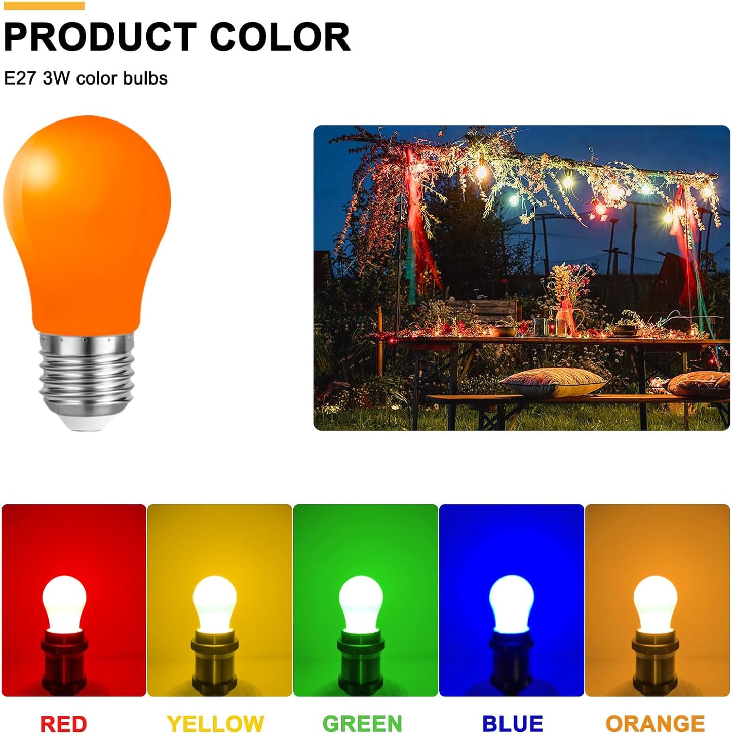 Lampadine Colorate a LED E27 3W, Lampadine LED Colorate E27, Lampadina LED Decorativa per Esterni, 220V AC, Colori Misti Rosso Verde Blu Giallo Arancio, Plastica, Confezione Da 20