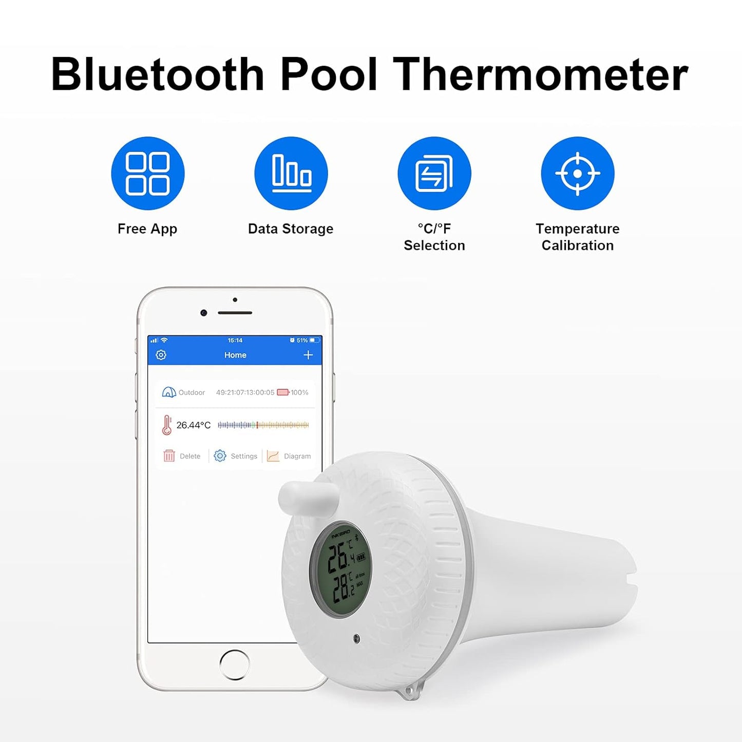IBS-P02B Termometro per Piscina Digitale Termometro Galleggiante Bluetooth Con Sensore Di Temperatura Anti-Pioggia Con Esportazione Dati, Allarme, Grafica,Supporto per Ios E Android