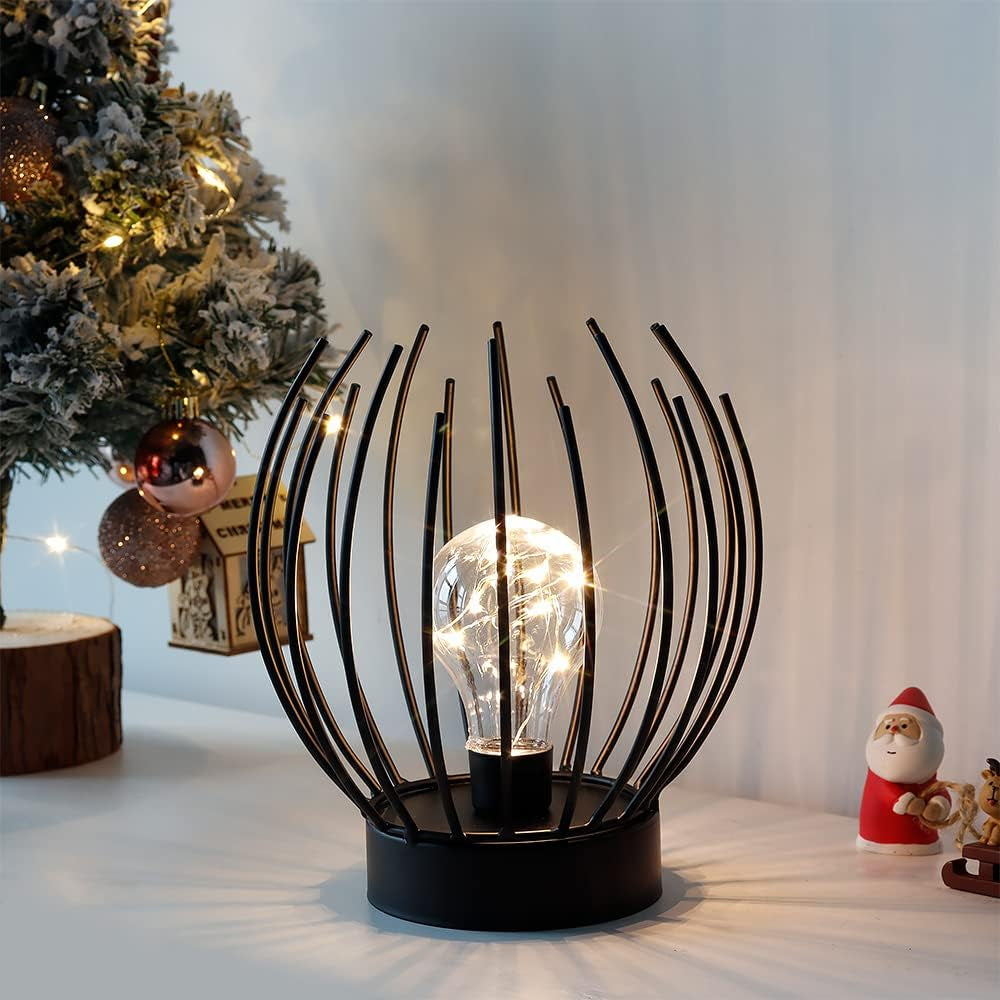 Lampada Da Tavolo in Metallo Decorazione Lampada Senza Fili Lampade Comodino Camera Da Letto a Batteria Caricata Con Lampadina Sferico per Matrimoni Feste Patio Eventi All'Aperto(Nera)