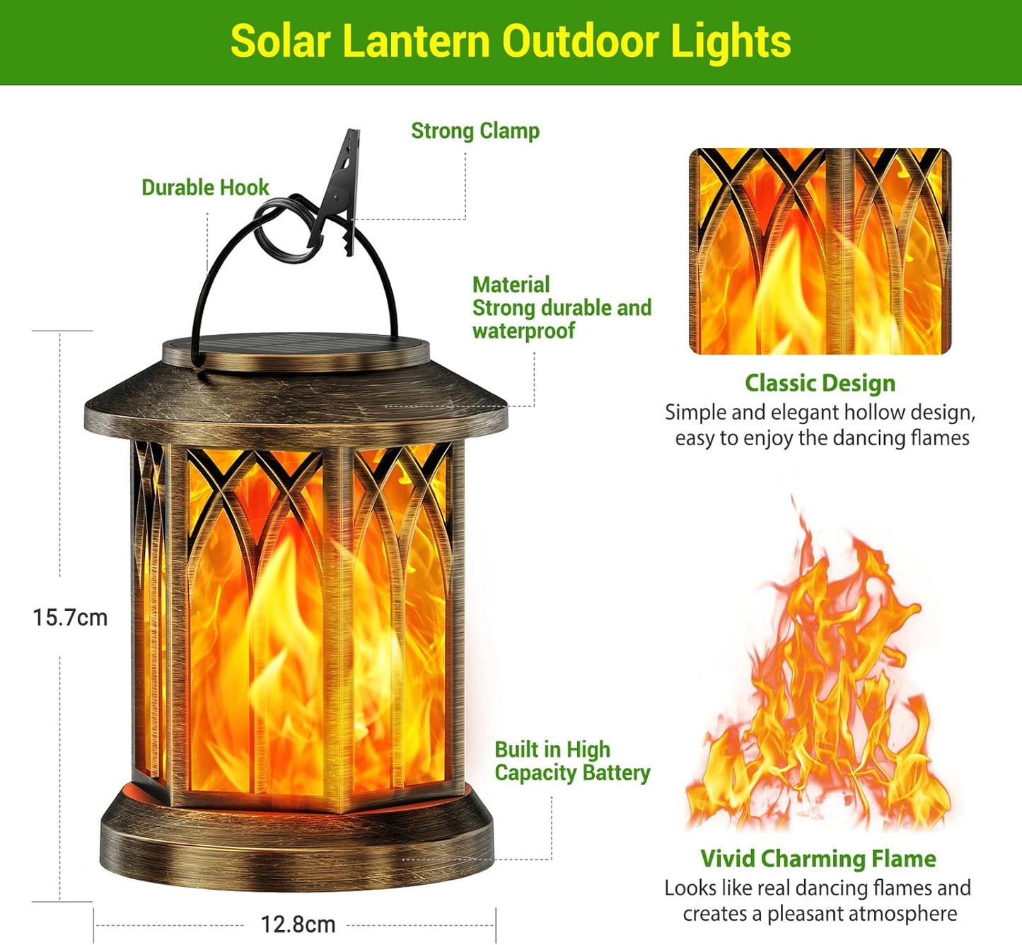 Lanterna Solare Color Rame per Esterni, 2 Lanterne Solari Con Effetto Fiamma Simulato, IP65, Impermeabile, Con Clip per Esterni, Giardino, Balcone