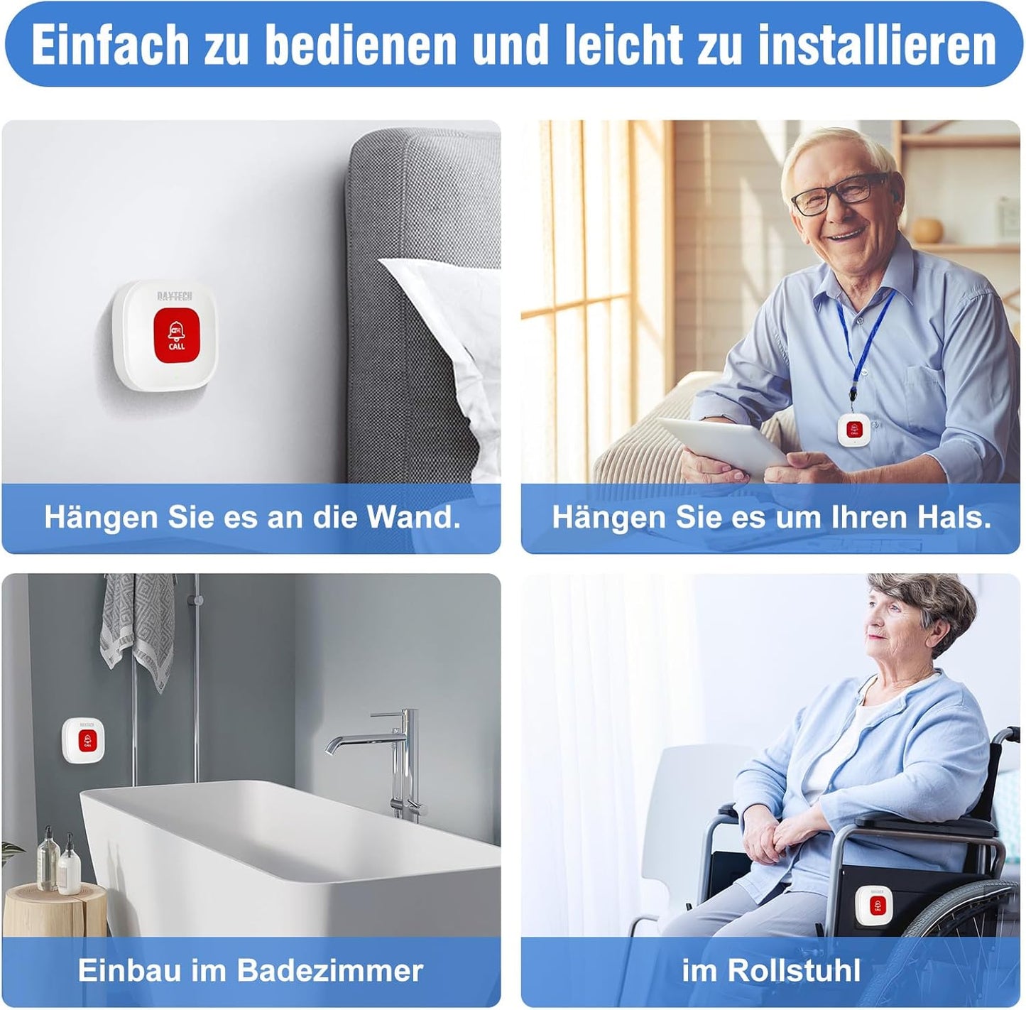 Daytech Wifi Pulsante Salvavita Anziani, Intelligente Pulsante Emergenza Anziani,L'Allarme per Anziani È Adatto a Persone Che Hanno Bisogno Di Essere Assistite a Casa(2 Pz)