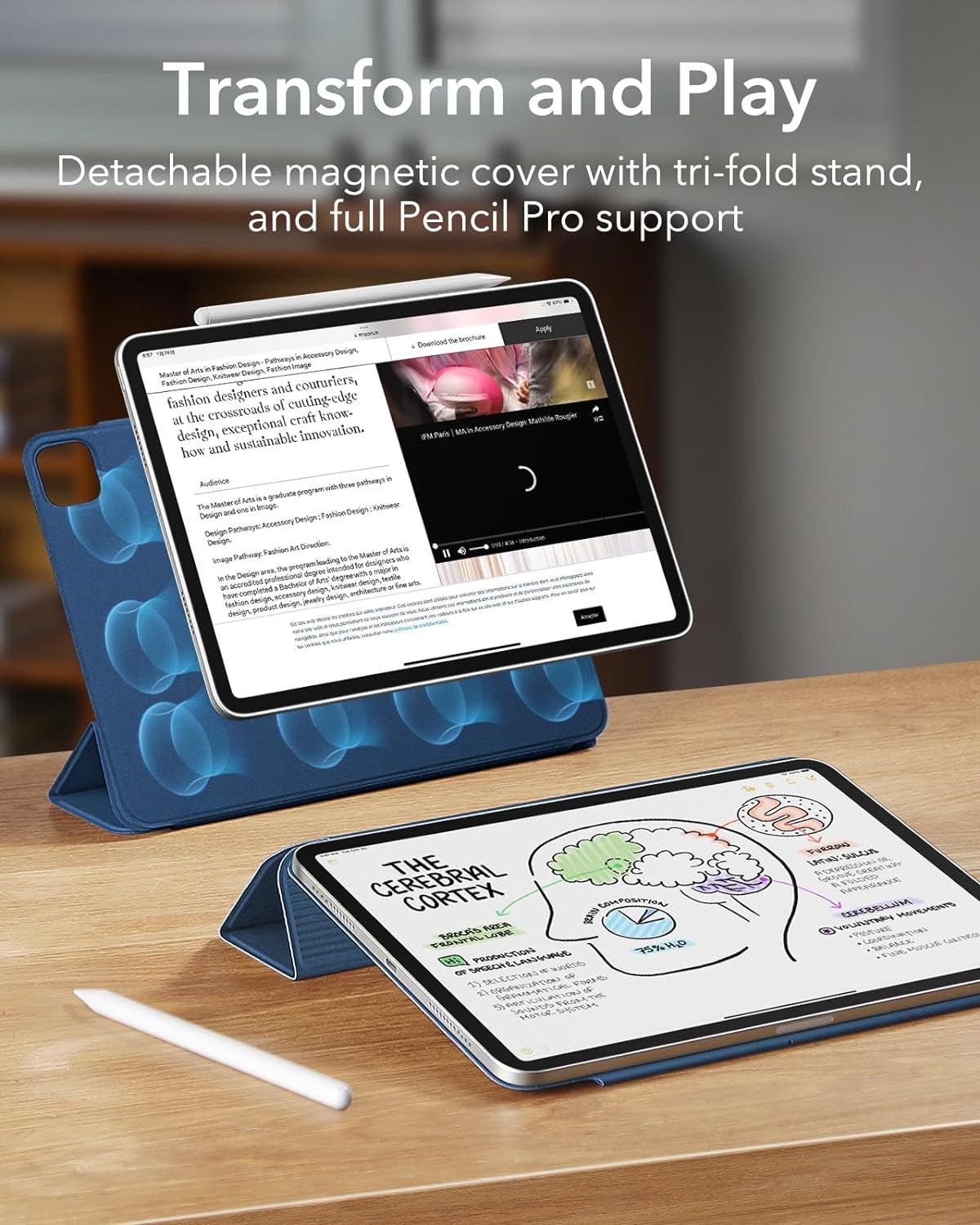 Cover per Ipad Air 13" M2 2024, Ipad Pro 12.9" (2022/2021/2020), Custodia Magnetica Con Supporto Trifold, Aggancio Magnetico, Supporto per Pencil Pro/Pencil USB-C, Auto Attivazione/Standby, Blu