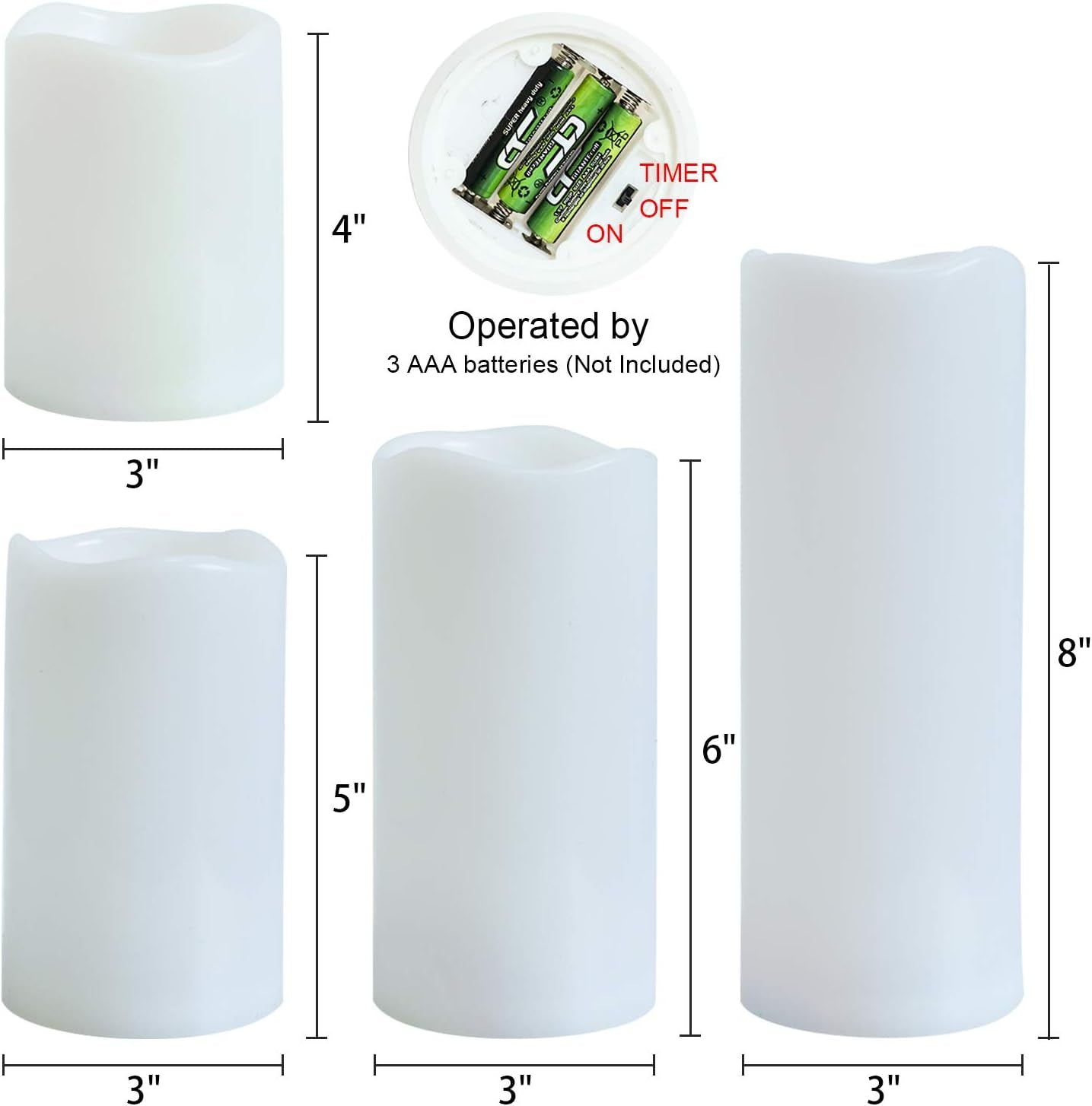 Candele Impermeabili per Esterni Senza Fiamma Con Timer 6 Ore, Pilastro a LED Bianco a Batteria per Decorazione Lanterne in Giardino, Festa Di Matrimonio, Set Da 4, D3 "X H4" 5" 6" 8")