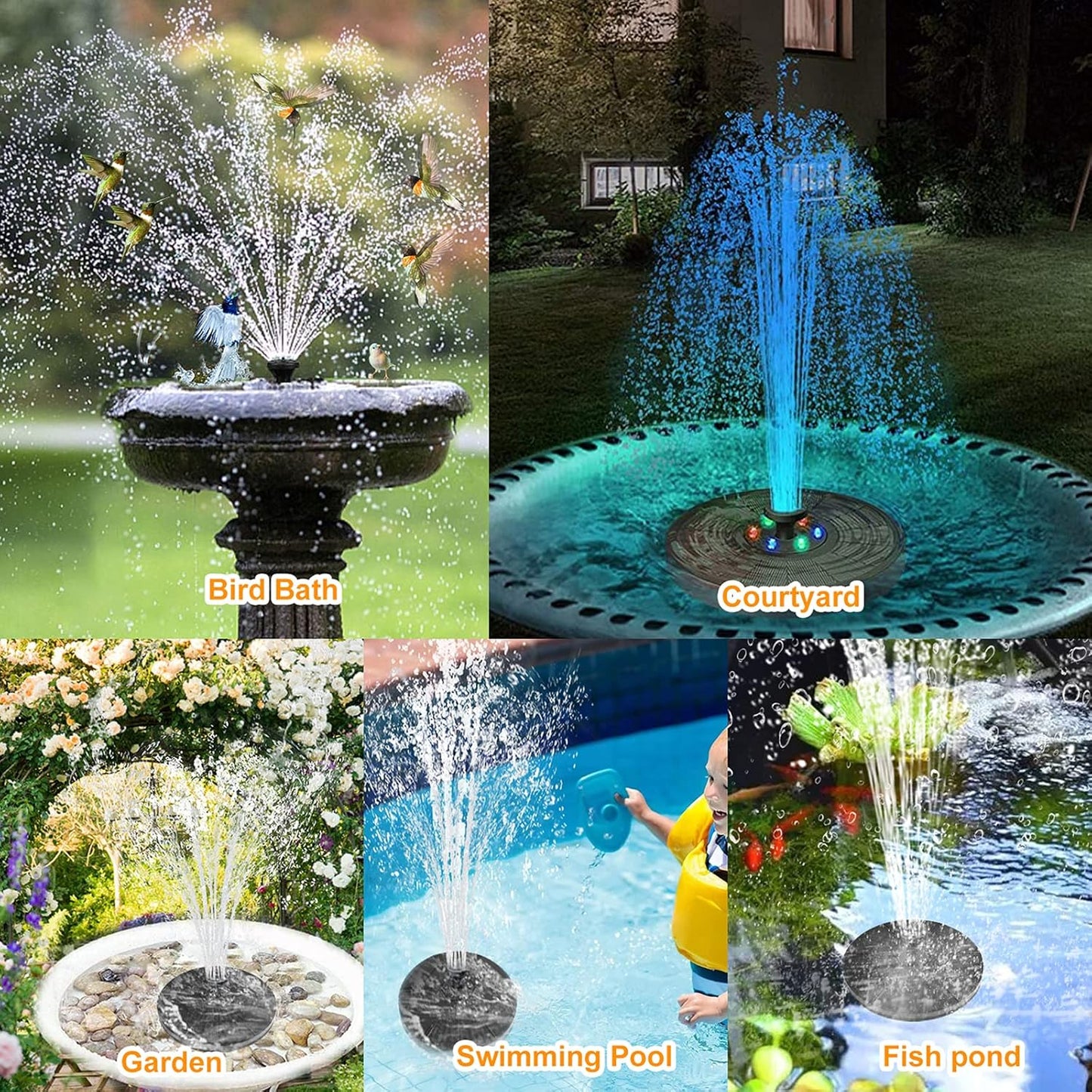 Fontana Solare Con Luci LED a 6 Colori, Pompa Solare Da 3 W Con Batteria Integrata Da 1500 Mah, Pompa Solare Con 7 Ugelli + 4 Barre Anti-Collisione, per Giardino, Vasca per Uccelli